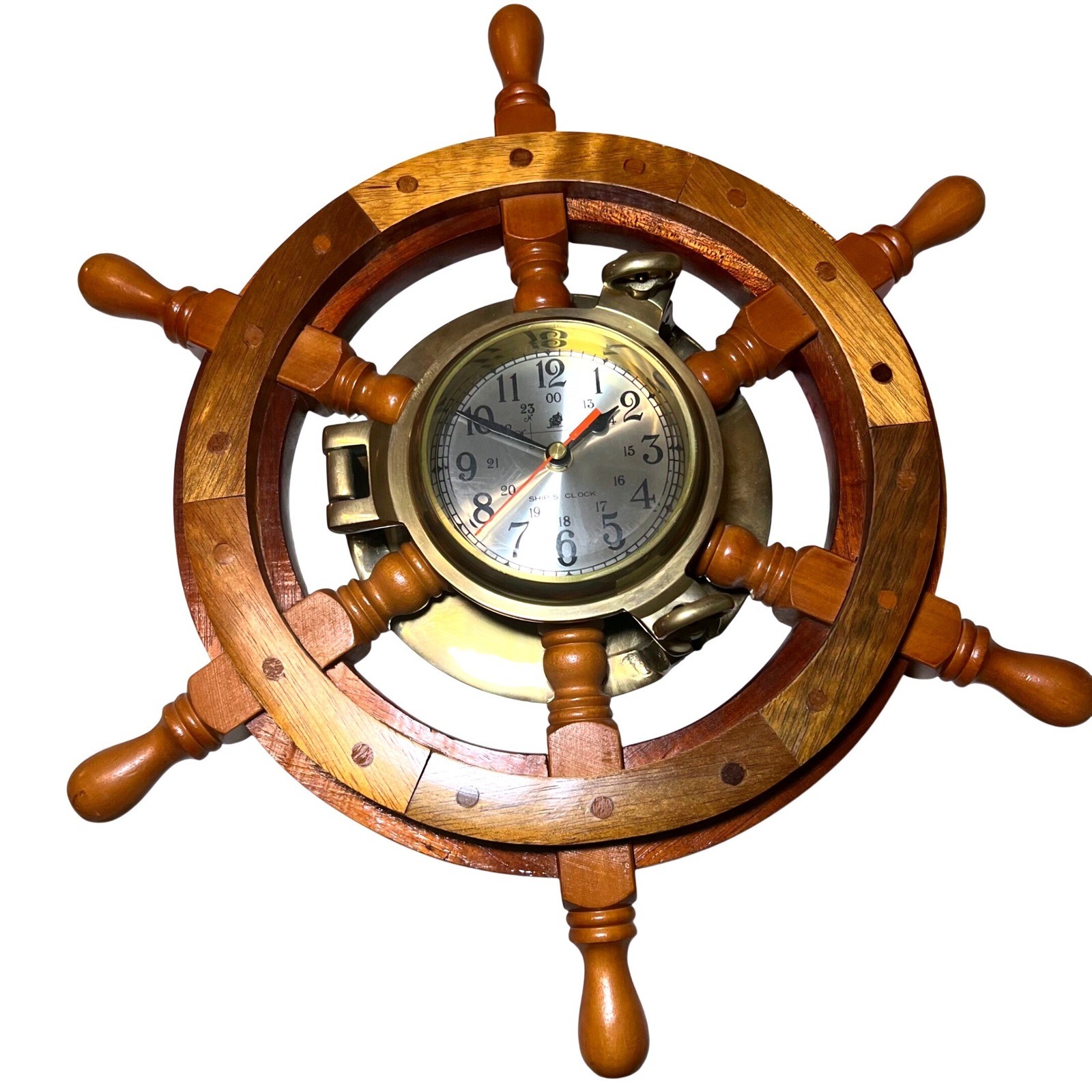 Vintage Nautical Ship Wheel Wall Clock Solid Brass Wood Porthole Untested 18.5in