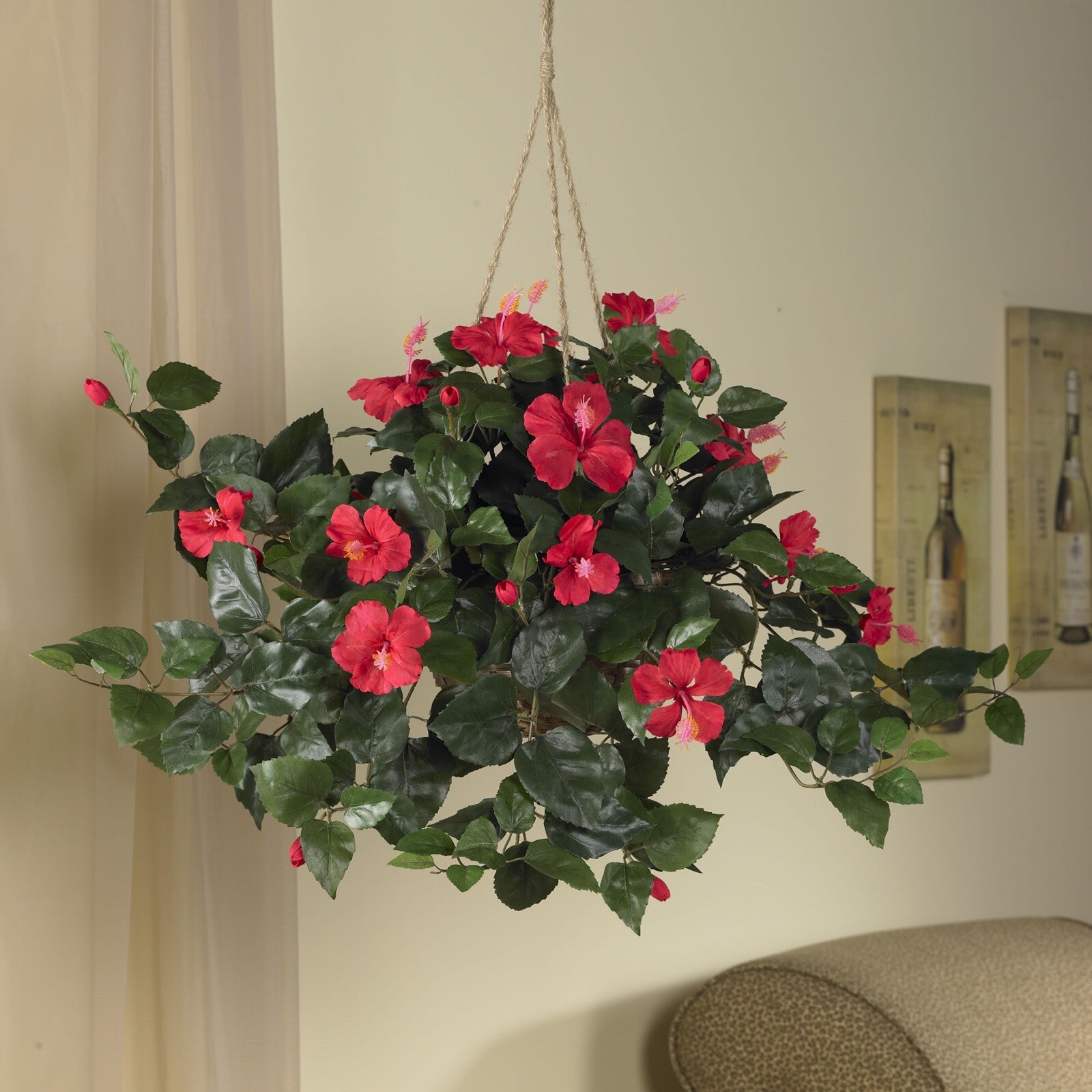 24” Hibiscus Artificial Plant in Hanging Basket Home Decor. Retail $82