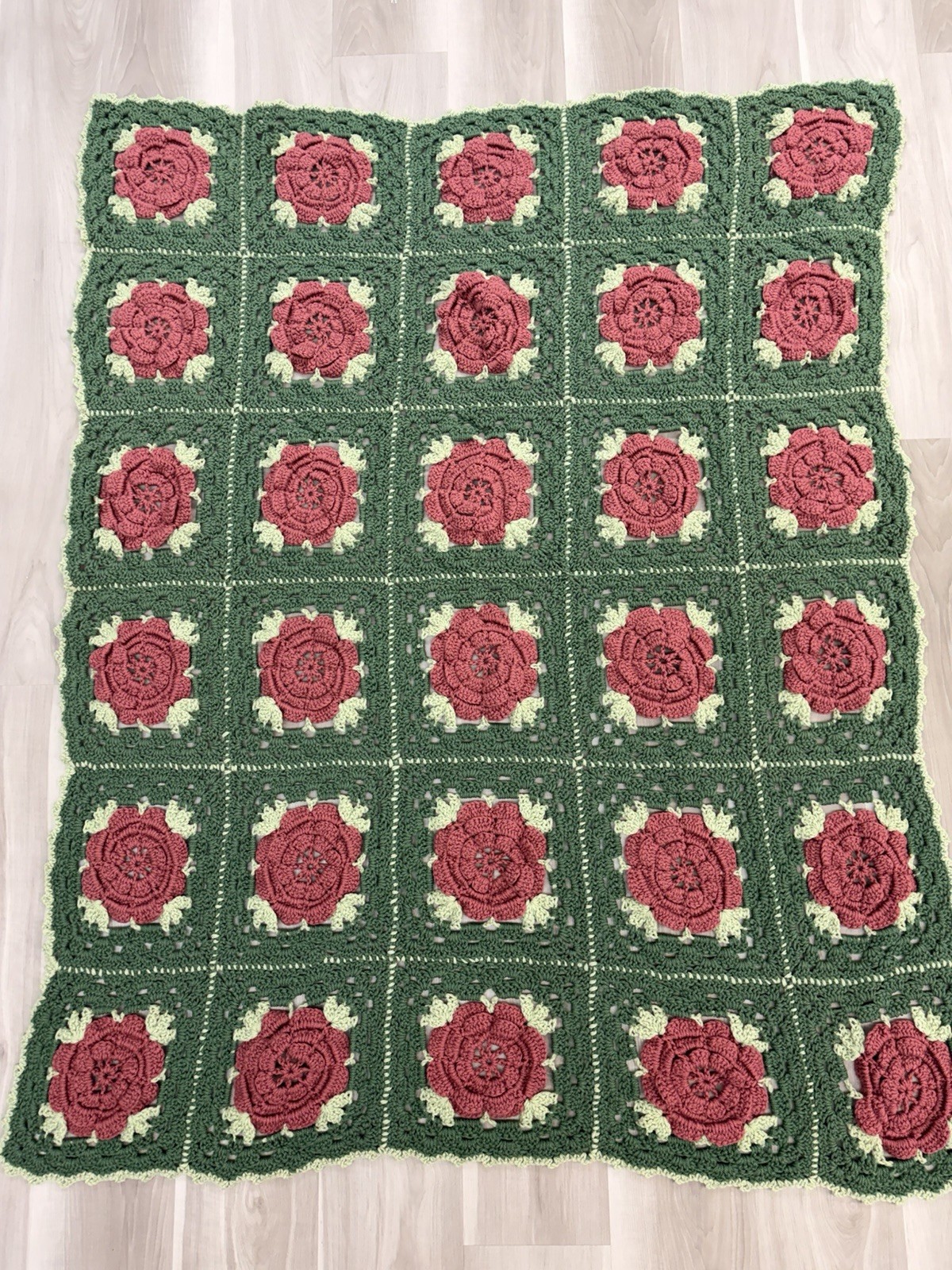 Handmade Crochet Afghan Blanket 3D Rose Floral Green Purple Throw 60 x 43 in.