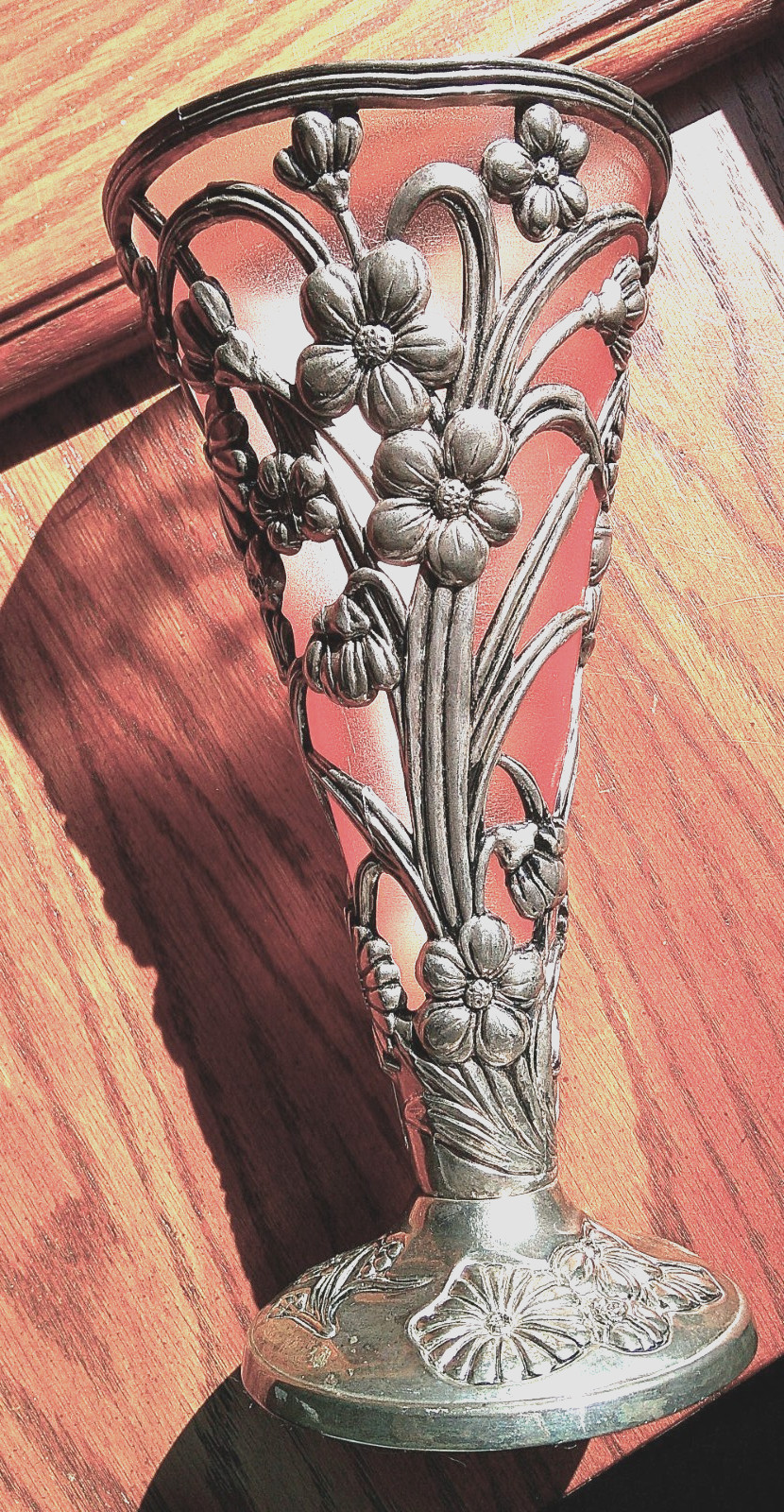 Silver-Plated 3D Floral Trumpet Vase, Frosted Peach Insert, Art Nouveau, 9-3/4&Prime;