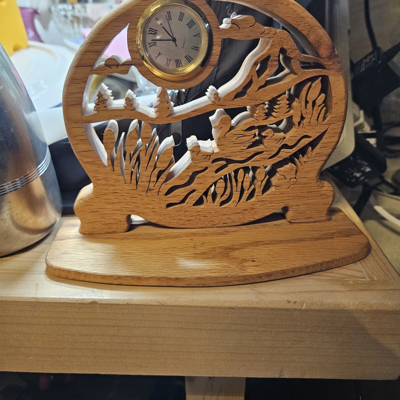 Handcrafted Wood Cutout Ducks Swimming In Marsh Quartz Desk Mantel Clock Signed