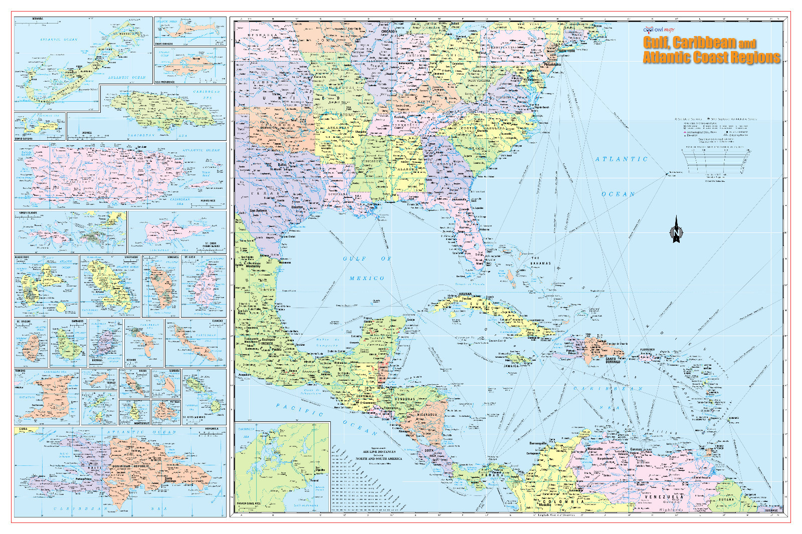 Gulf, Caribbean & Atlantic Coast Regions Wall Map Poster 36×24 Laminated