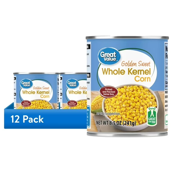 Great Value Golden Sweet Whole Kernel Corn, 8.5 oz (12 Pack).