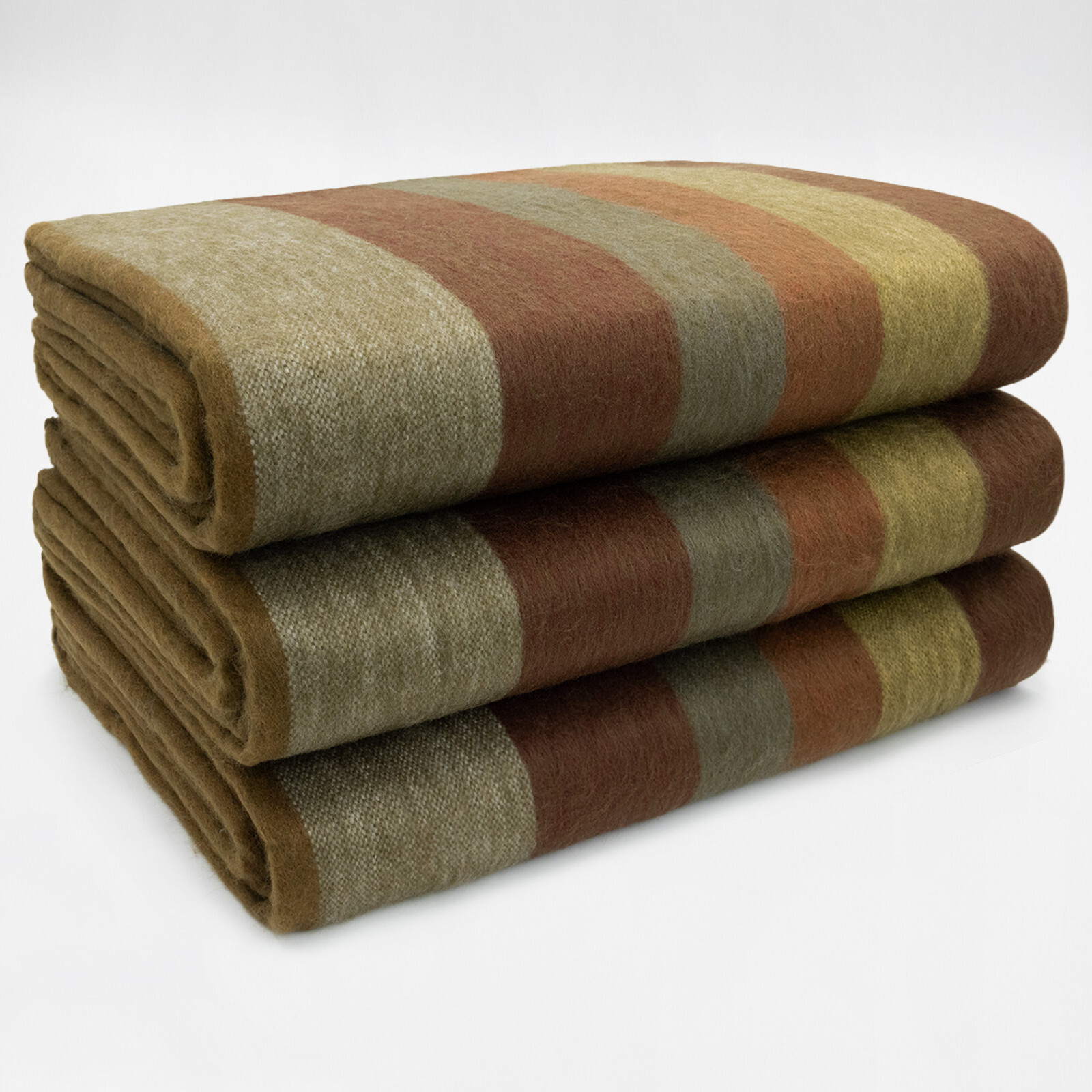 TOFFEE STRIPED ALPACA WOOL BLANKET – 95×69 in | GOLD BROWN RUST GREY | QUEEN