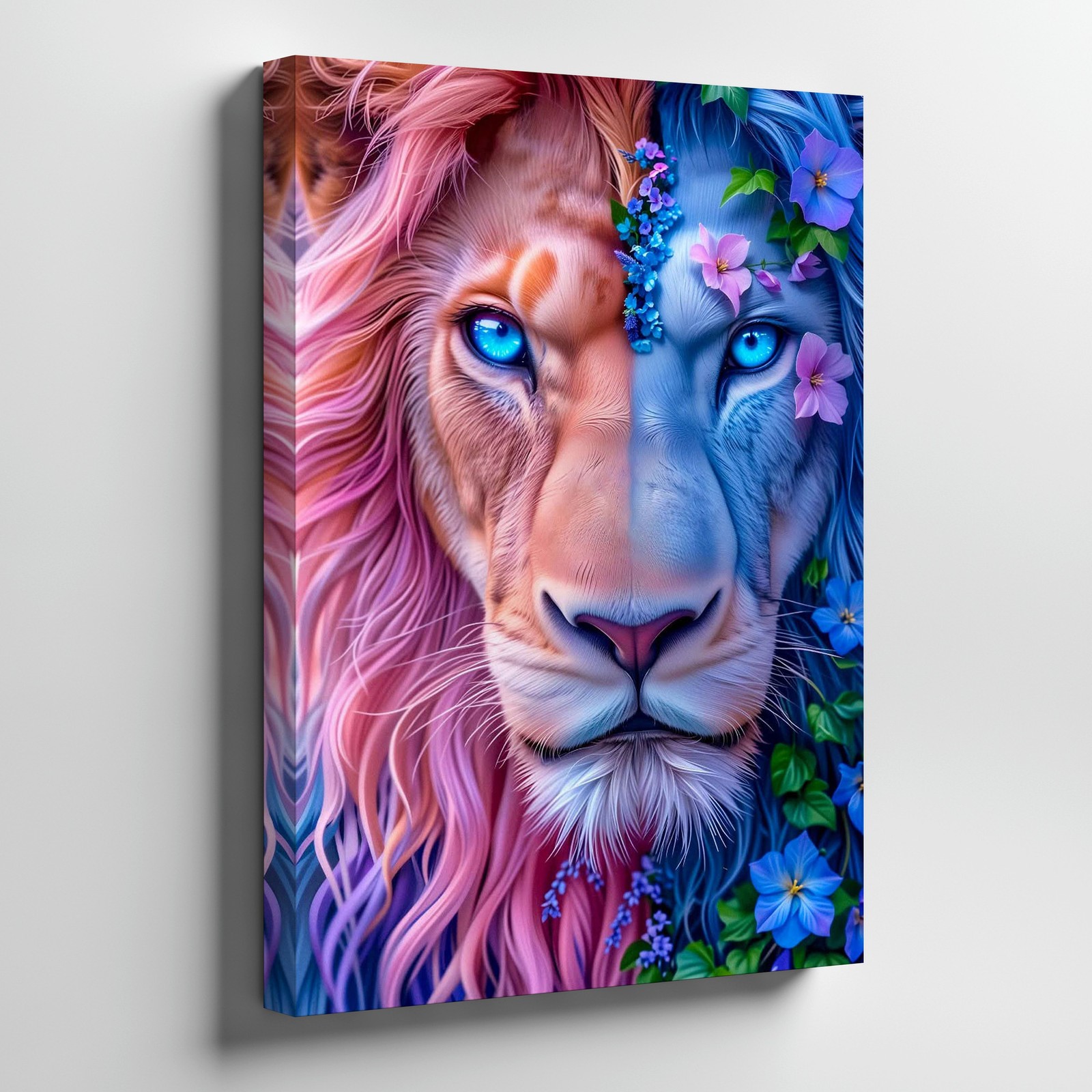 Lion Canvas Wall Art Blue Eyes Half Floral Fantasy Animal Face Canvas Print