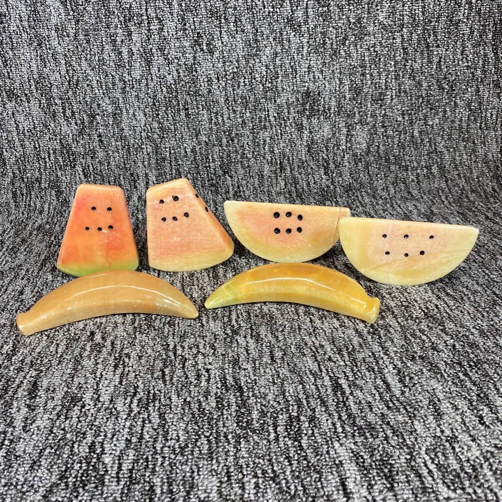 Vintage Italian Alabaster Stone Fruit Lot 6pc Carved Marble Watermelon Banana