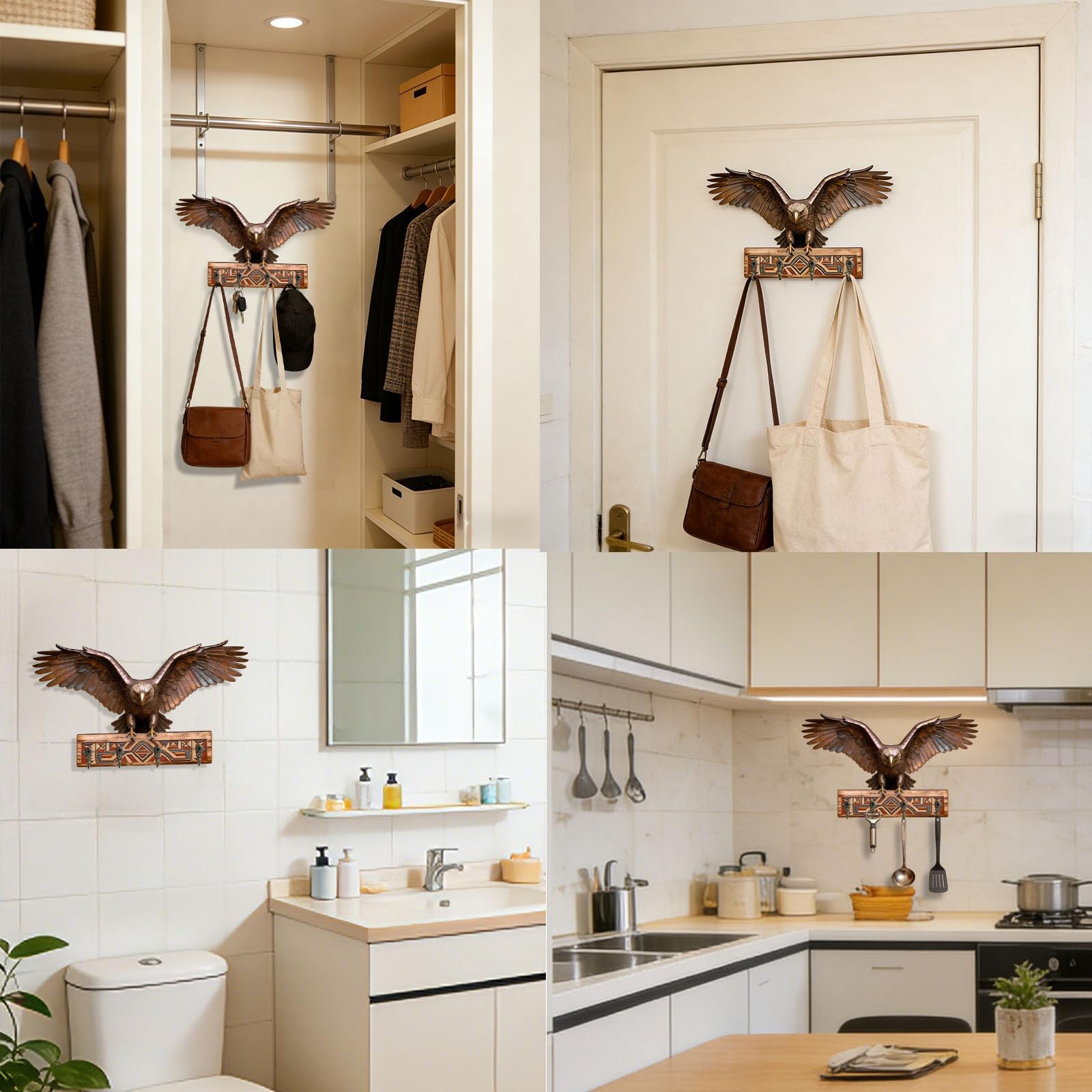 Wooden Wall Art Decor with 4 Rustic Hooks, Eagle Treasure Chest Design Key Ho…