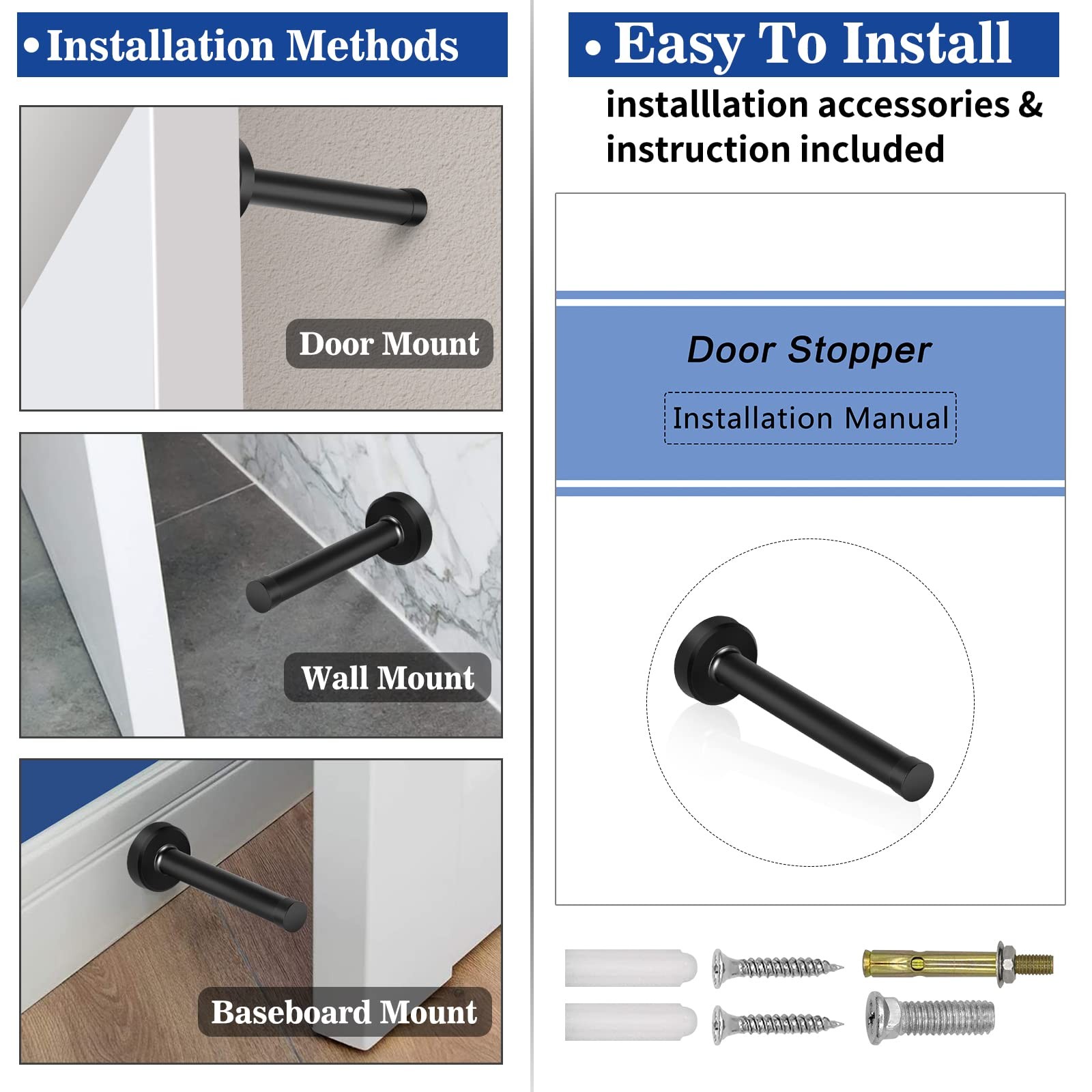 8 Inch Door Stop, Extra Long Stopper, Wall Mounted, Black 8 Inch,