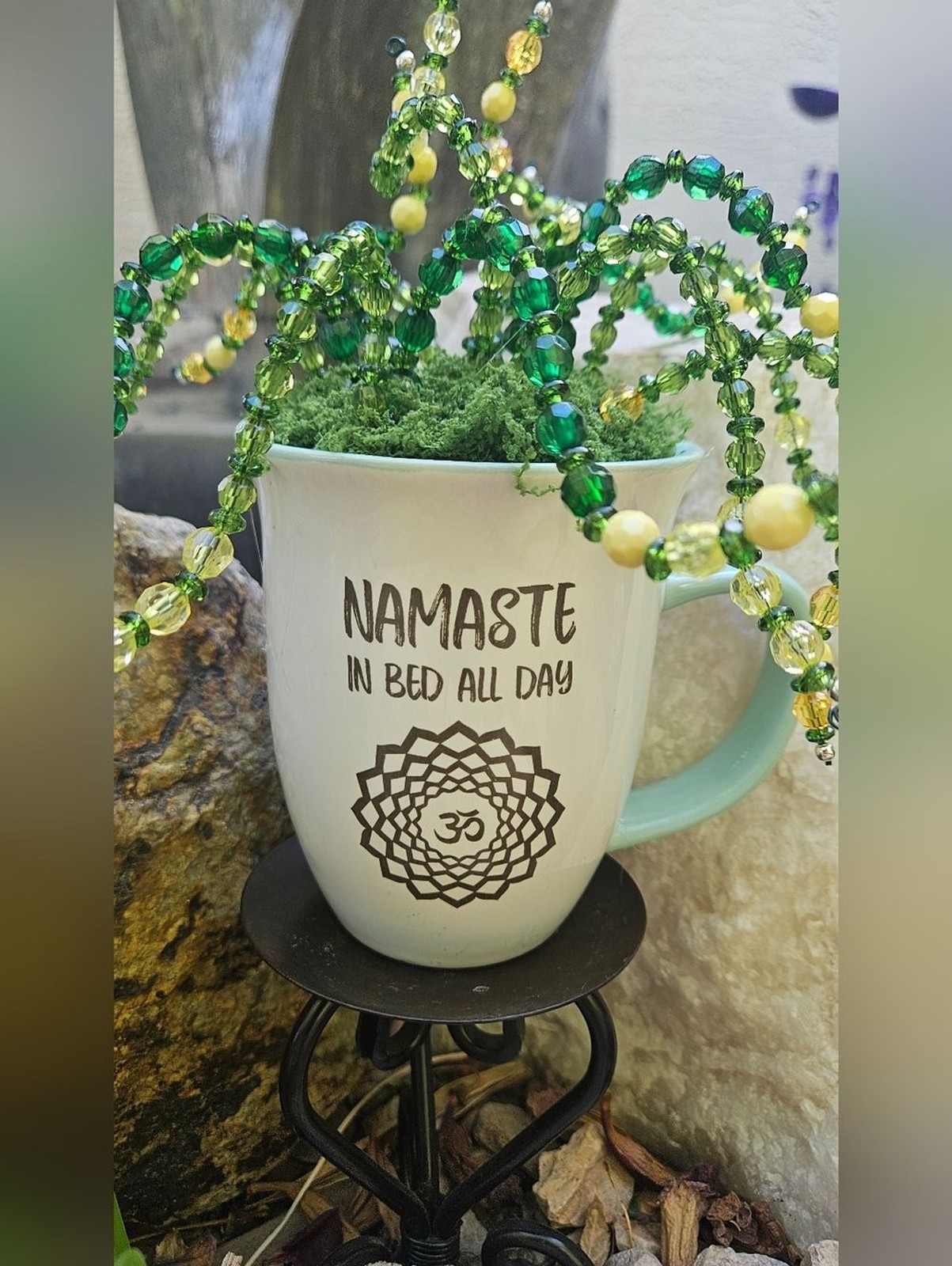 Namaste Ceramic Mug in White and Light Teal With Crystal Beaded Plant