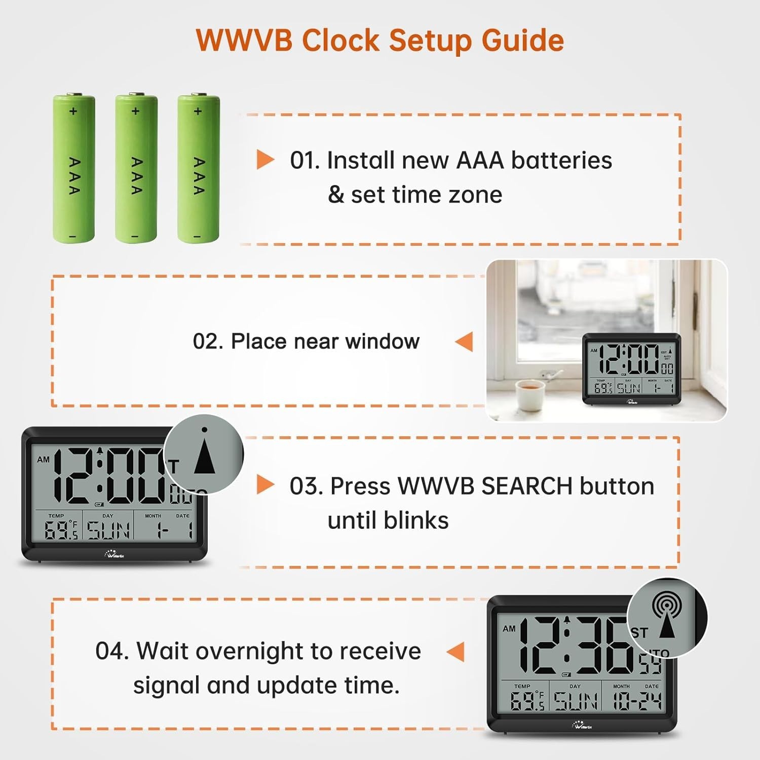 Elegant Atomic Digital Clock, Silent Operation with Large Clear Display & Alarm