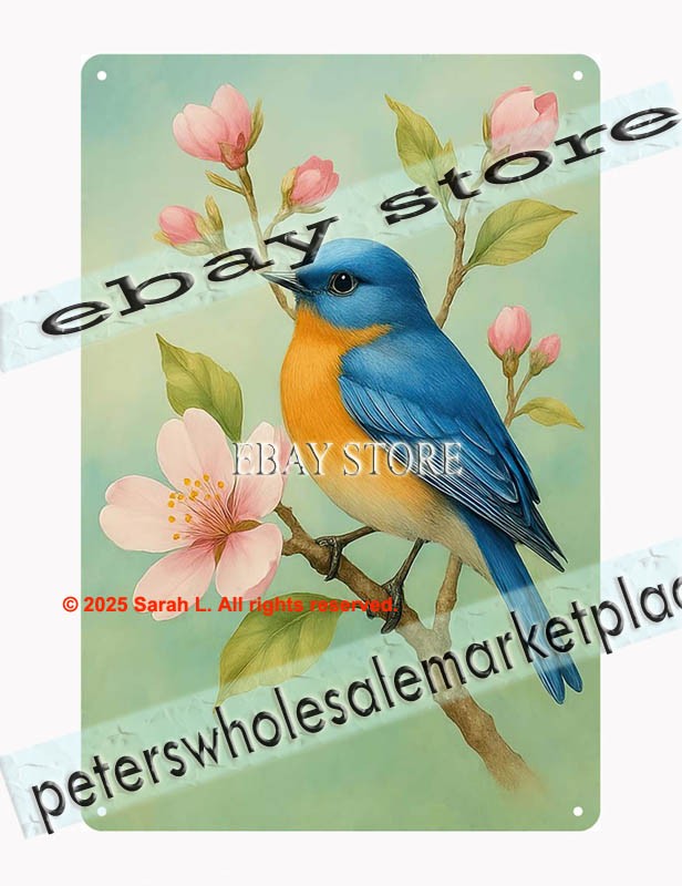 Blue Bird with Blossoms Tin Sign Spring Wall Decor