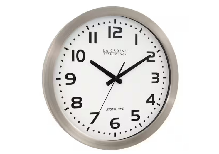 16 In. White Dial Brushed Silver Atomic Analog Wall Clock