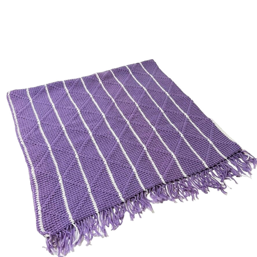 Handmade Crochet Afghan Throw Lap Blanket Lavender White Grannycore Stripe 50×28