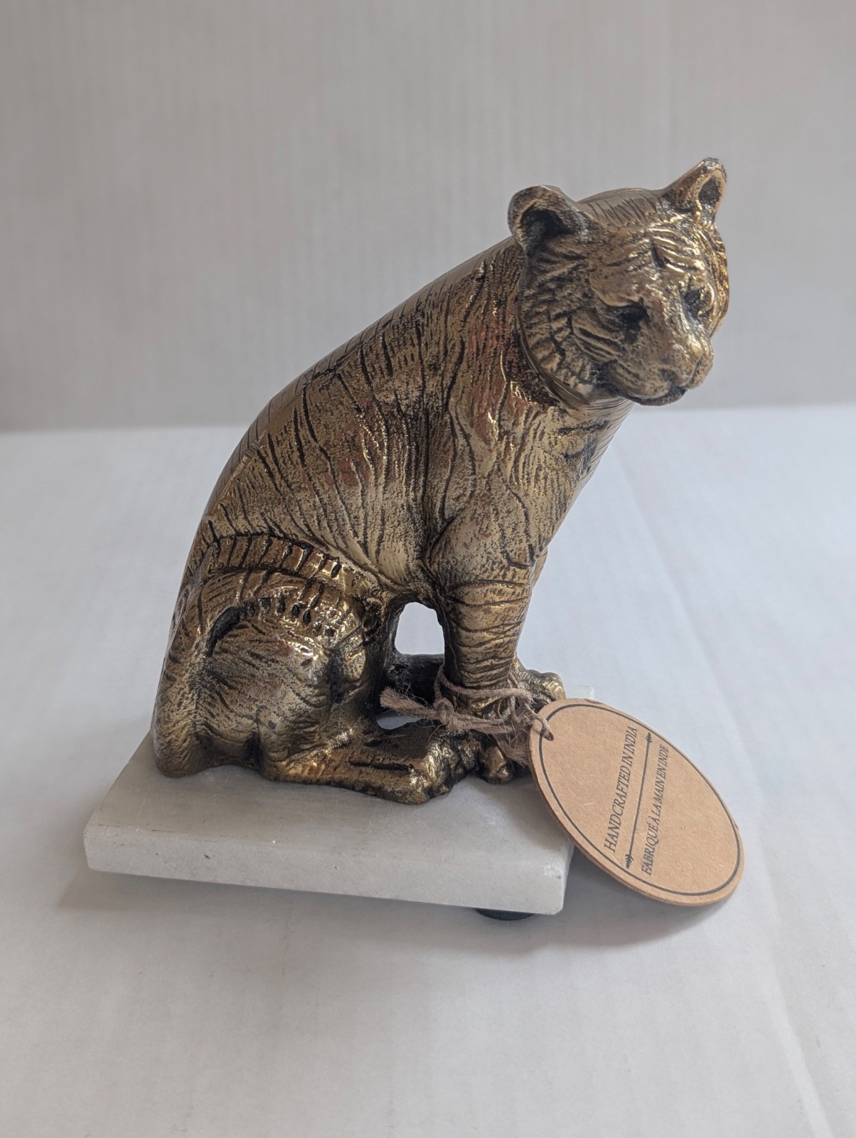 Handcrafted Brass-effect Tiger Figurine Sculpted Marble Base India Home Decor
