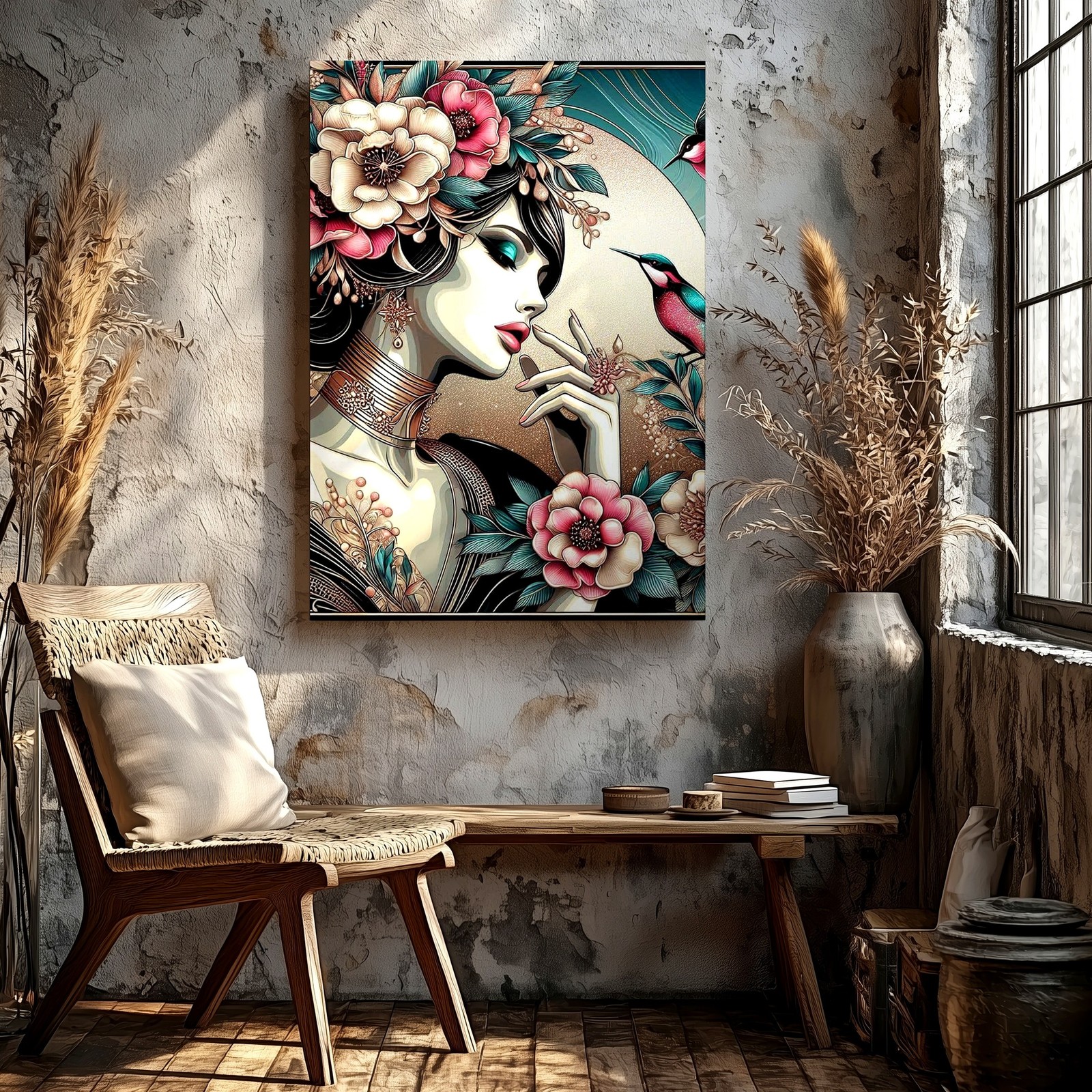 Wall Art Art Nouveau Woman Floral Portrait with Hummingbirds Decorative Print