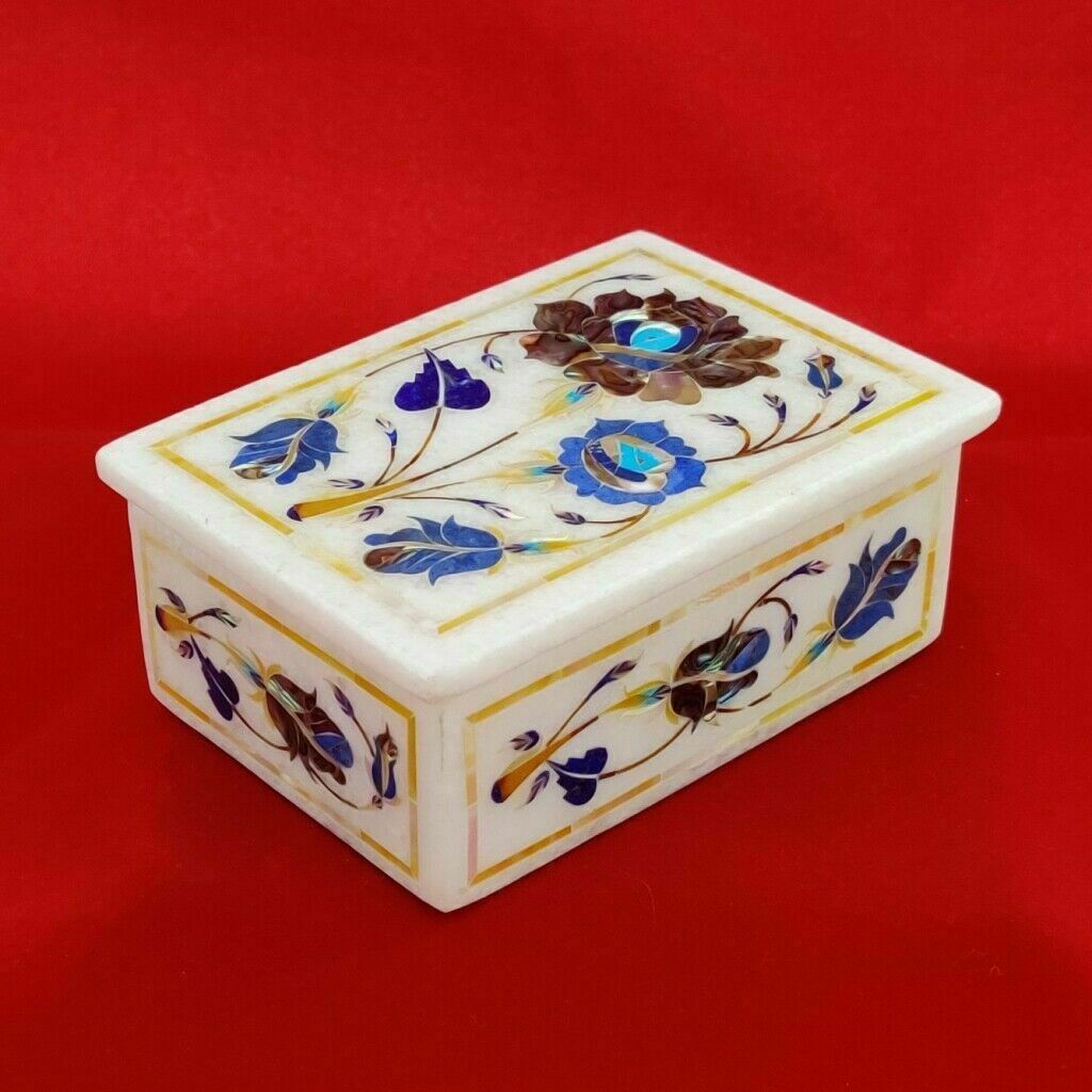 4&Prime;x 3&Prime;x 2&Prime; Marble Jewelry Box Multi Color Semi Precious Stone Handmade Gift