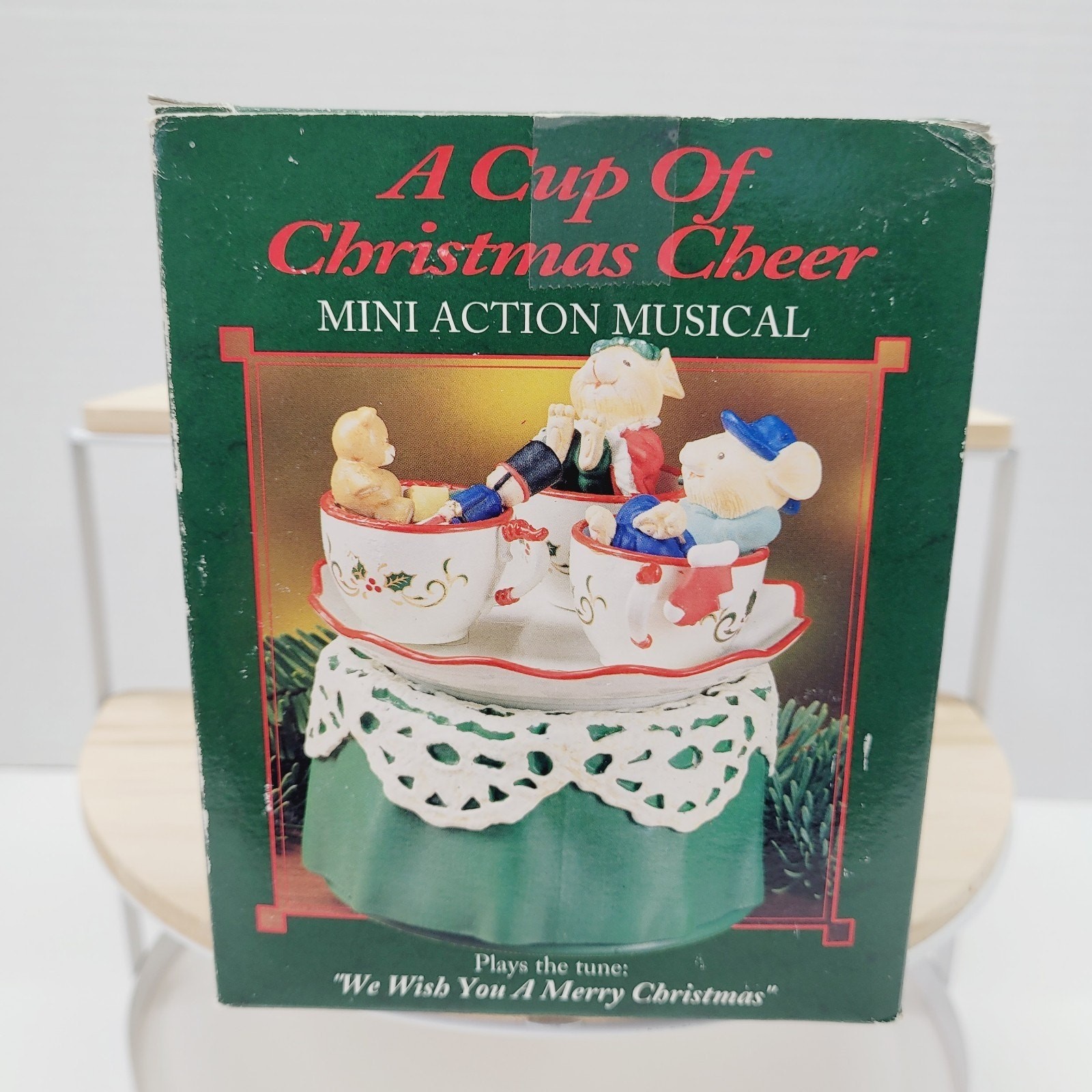 VTG 1994 Enesco Christmas Animated Musical Box Mice Teacups Ride Wish You Merry