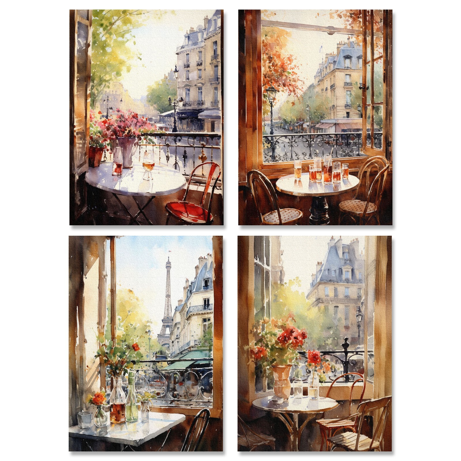 Set of 4 Watercolor Cafe in Paris Art Semi Gloss 8&Prime; x 10&Prime; Wall Prints