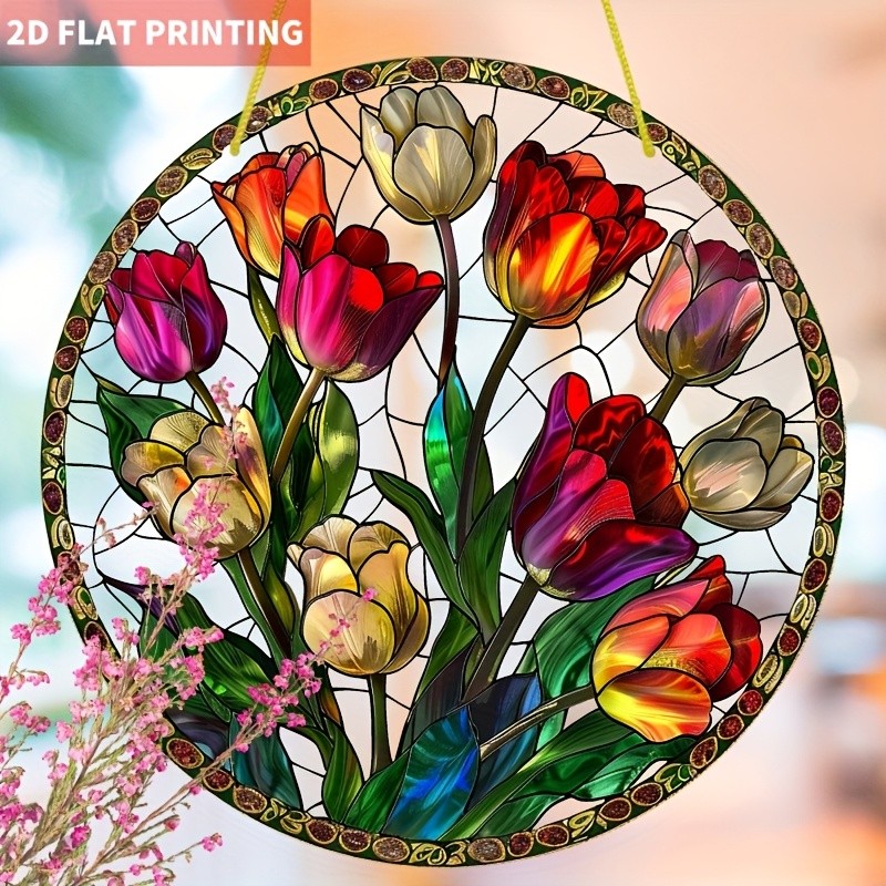 Multi Color Tulip Flower Round Acrylic Suncatcher Floral Window Hanging Decor
