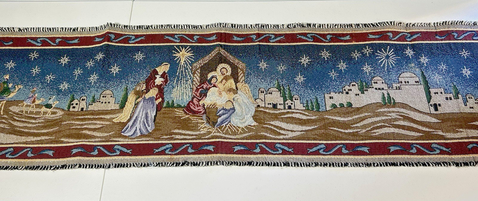 Christmas Nativity Tapestry Table Runner 52×13&Prime; Vintage Metallic Thread Fringed