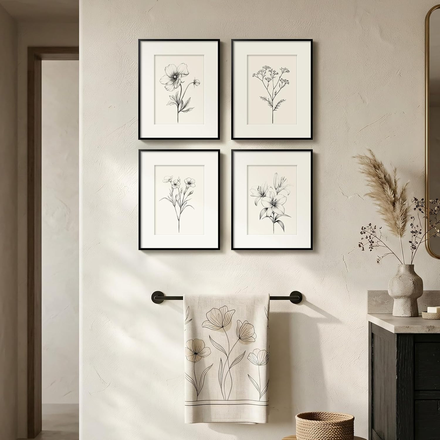 Framed Black & White Botanical Art Set – 4 Minimalist Floral Prints, 8×10 Inch