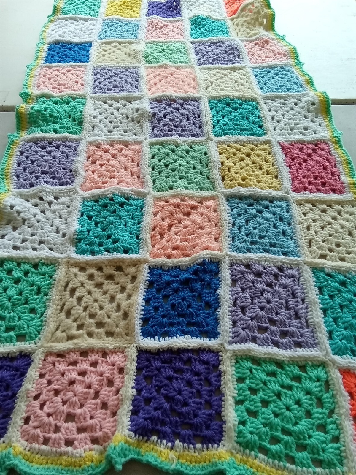 Baby Blanket Granny Square 32 x 57&Prime; hand made crocheted Shower Gift New Unisex