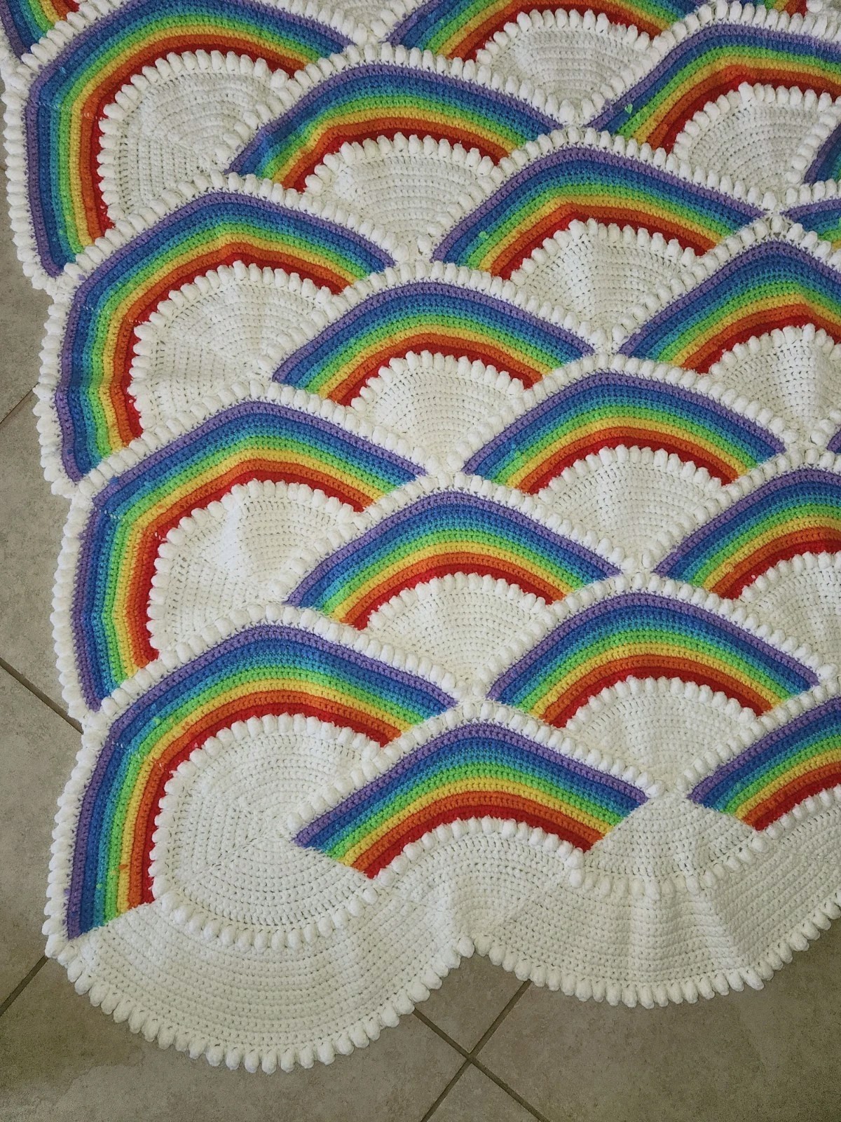 Vtg. Rainbow & Clouds Handmade Crochet Afghan Blanket Retro Pride Scalloped edge
