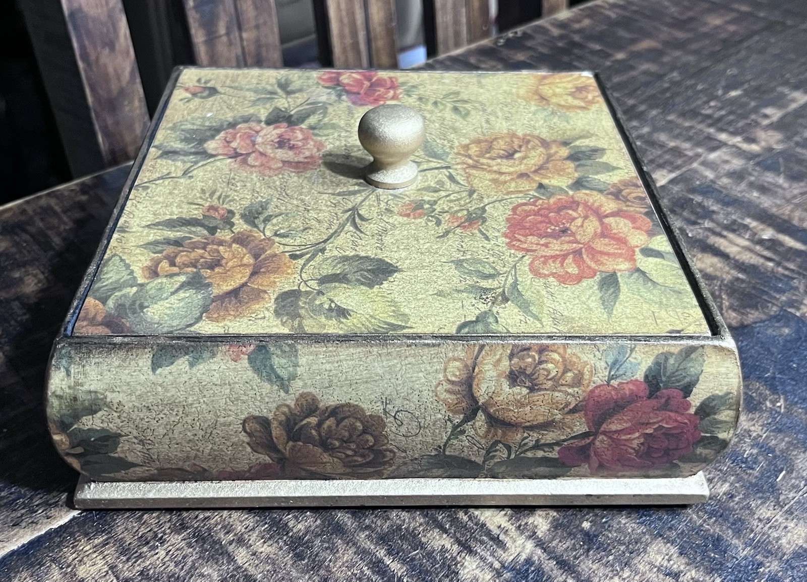 Vintage Floral Decorative Box Peonies Print Gold Knob Keepsake Jewelry Box