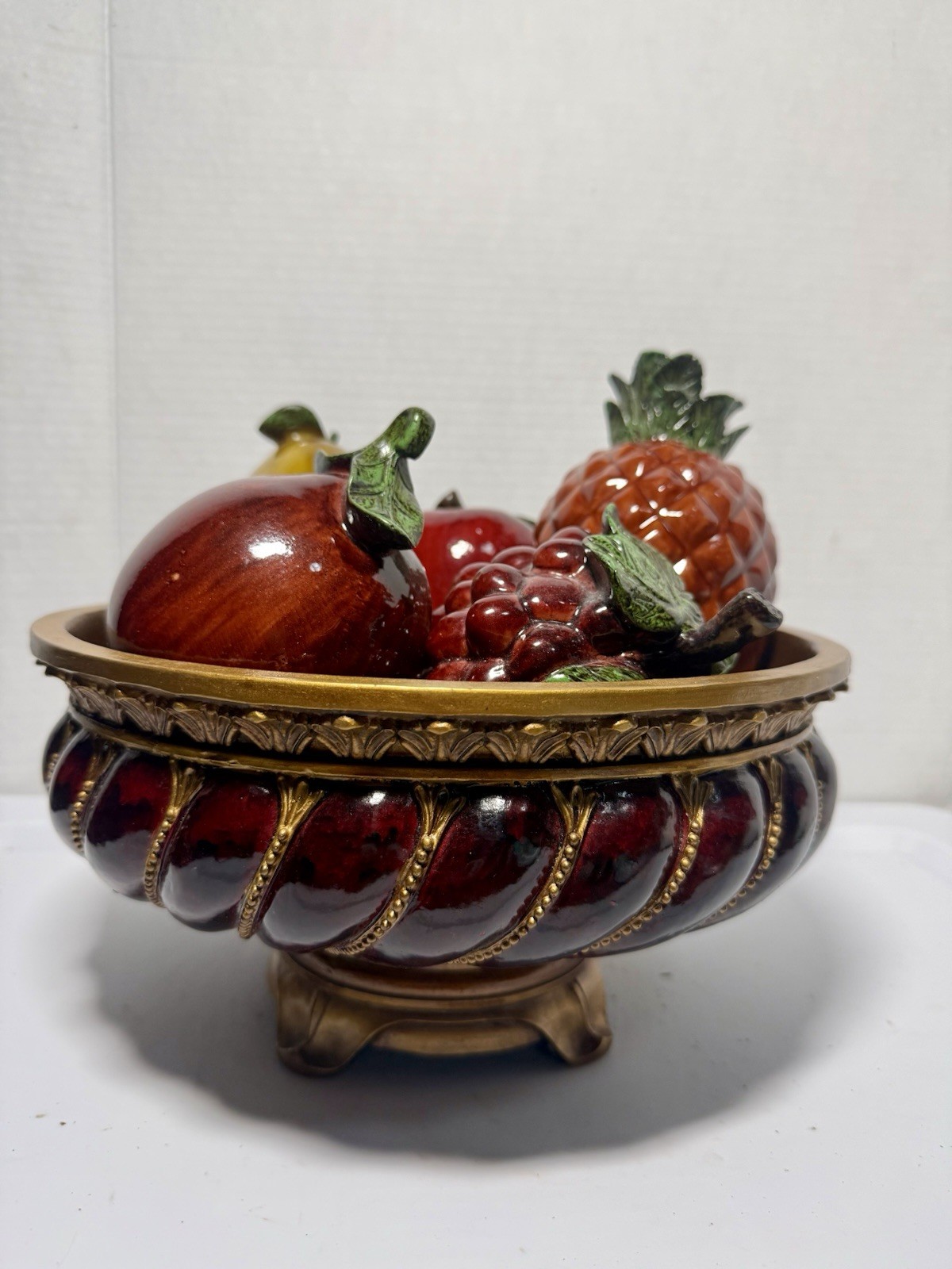 Ceramic Multicolor Fruit Centerpiece Bowl with Pineapple Pear Grapes Apple Pom