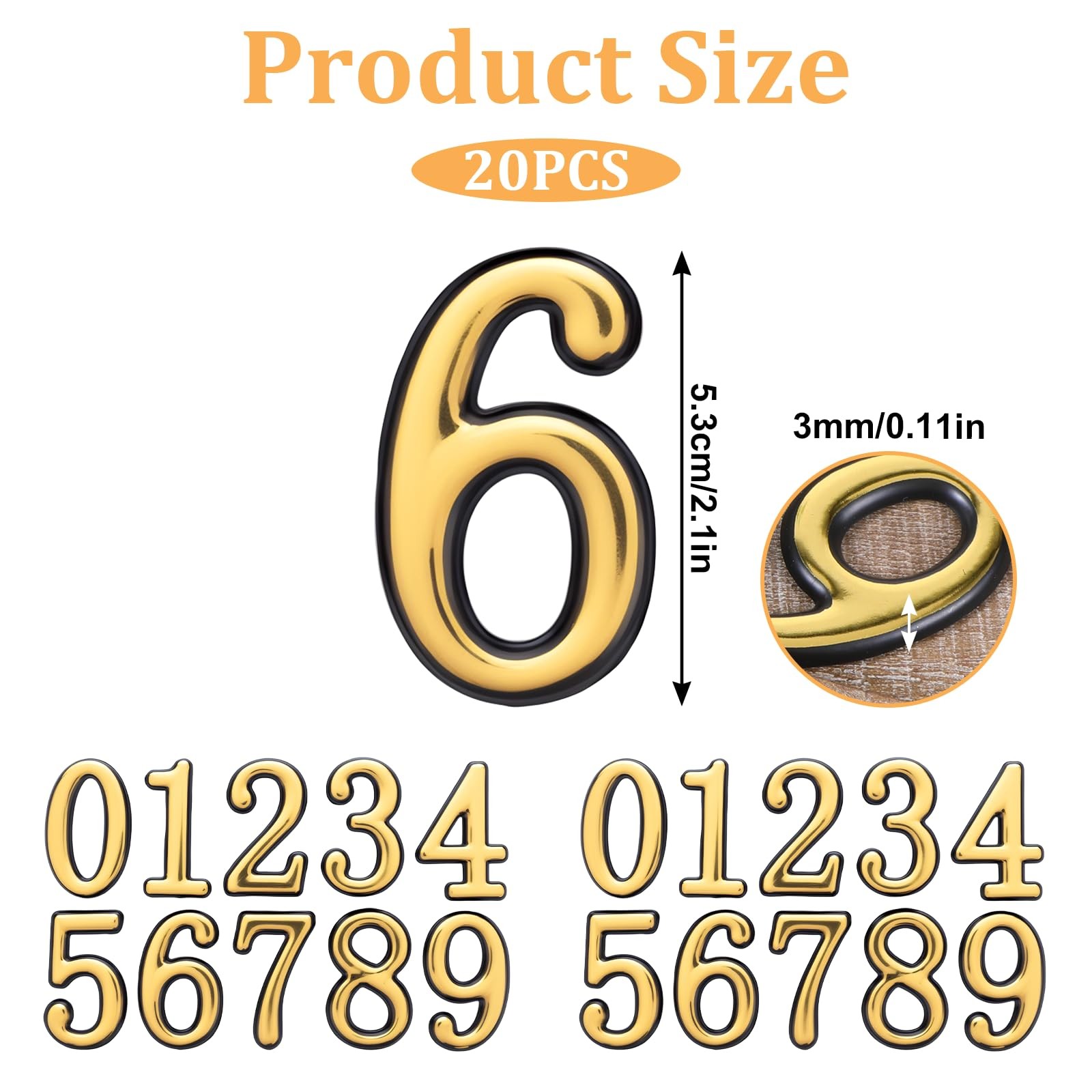 20 Pcs 2 Inch Gold Reflective Mailbox Numbers ABS Waterproof for Residence