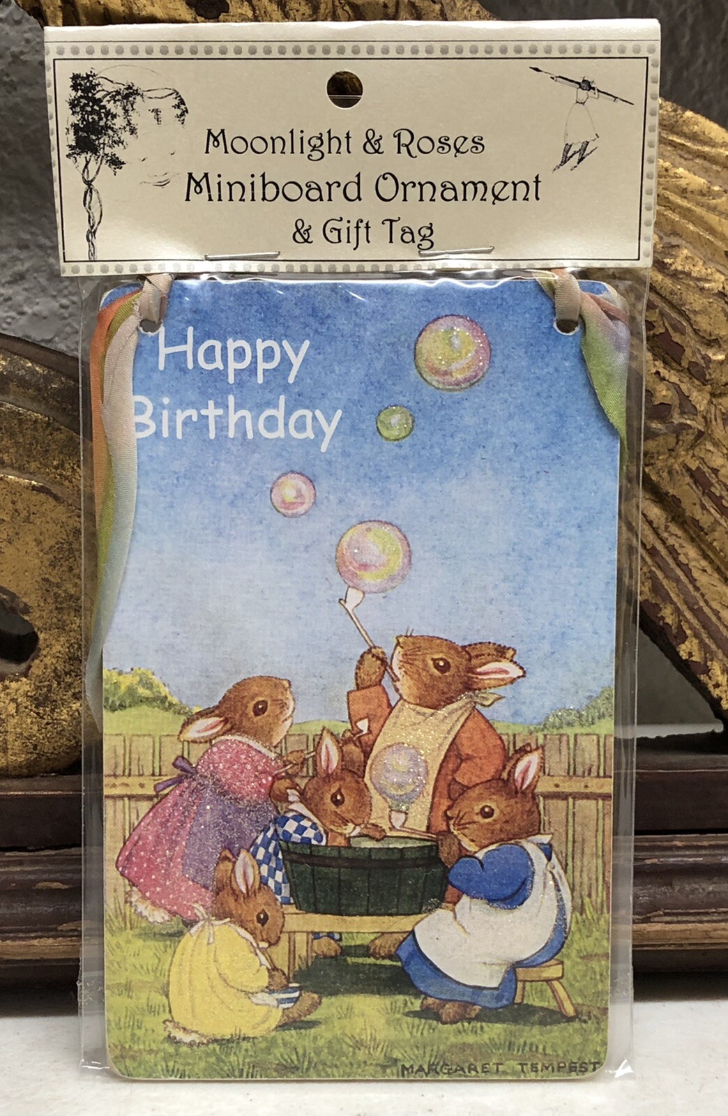 Happy Birthday Bunny Family Making Bubbles Hanging Mini Board Ornament Gift Tag