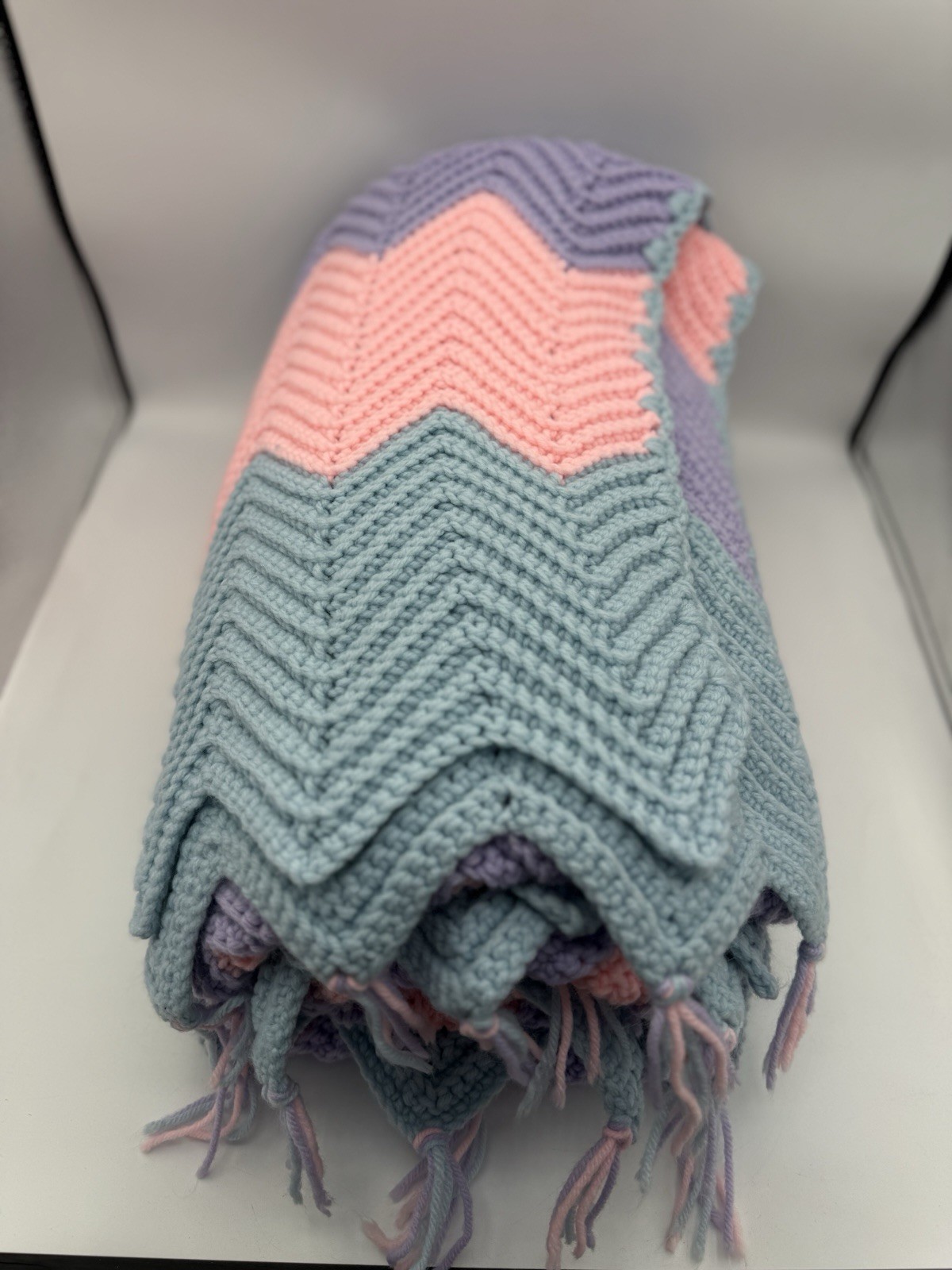 Hand-Crocheted Chevron Afghan – Blue, Pink & Purple Ripple Throw – 49” x 75