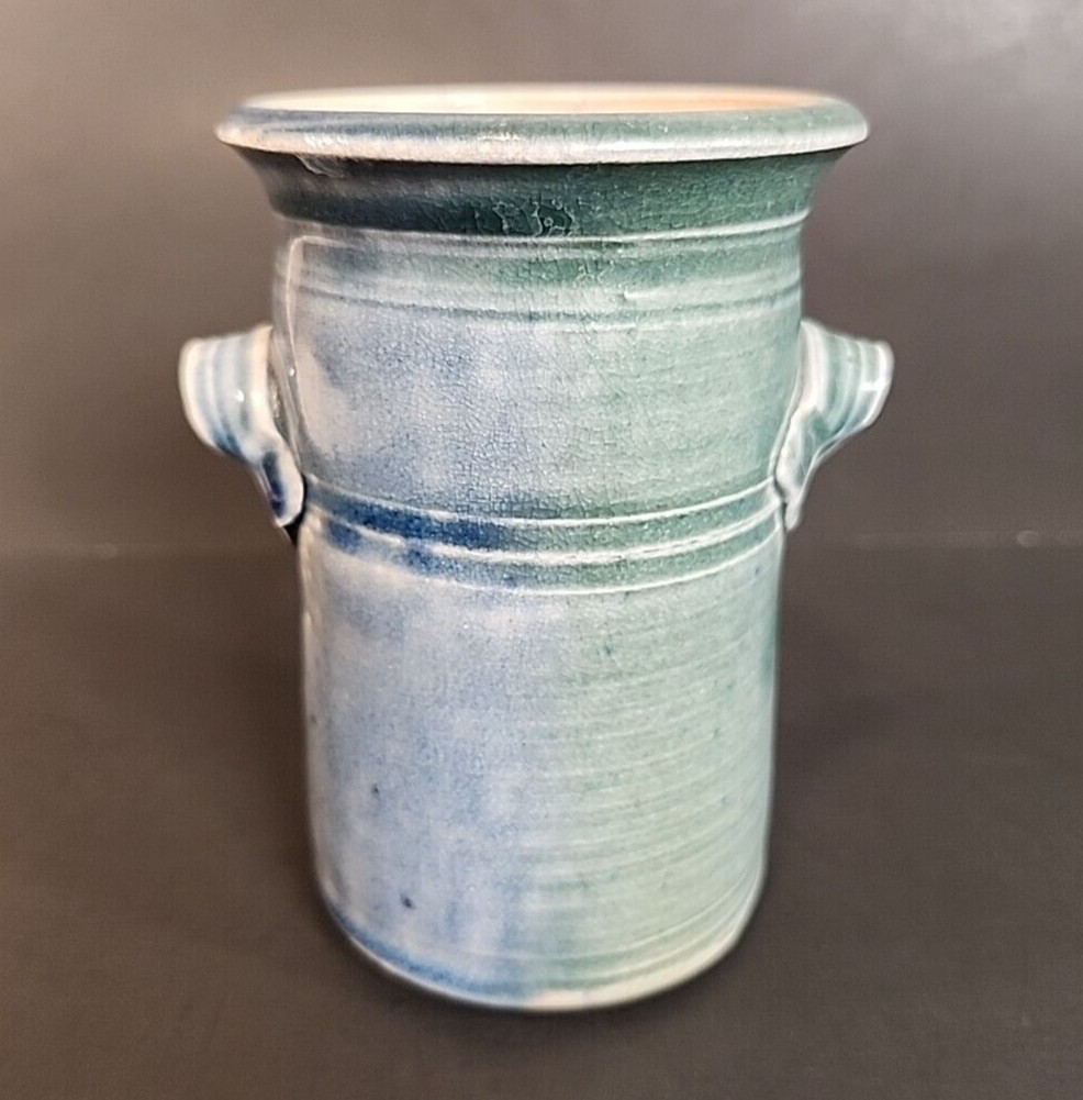Handmade JAR WITH 2 HANDLES SMALL BLUE Ceramic Stoneware JUG 4 1/2&Prime; Tall