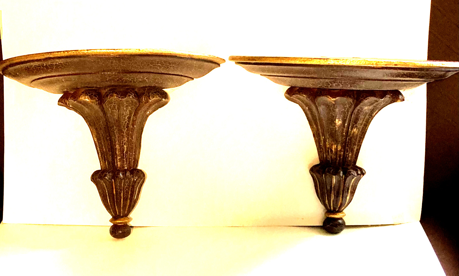 Pair Beautiful Vtg Large, Heavy Wood and Goldtone Wall Shelf Sconces Ornate 14”