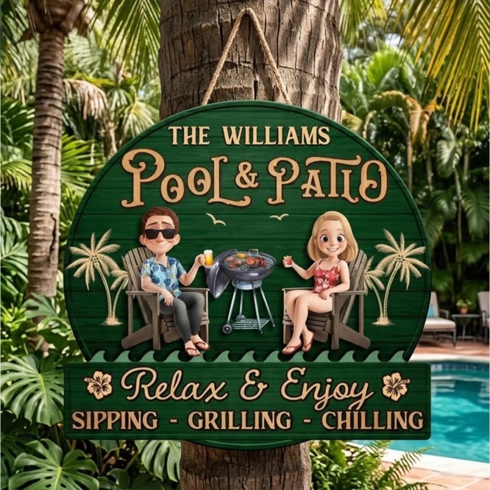 Custom Pool Patio Sign Tropical Couple Wooden Backyard Decor Gift
