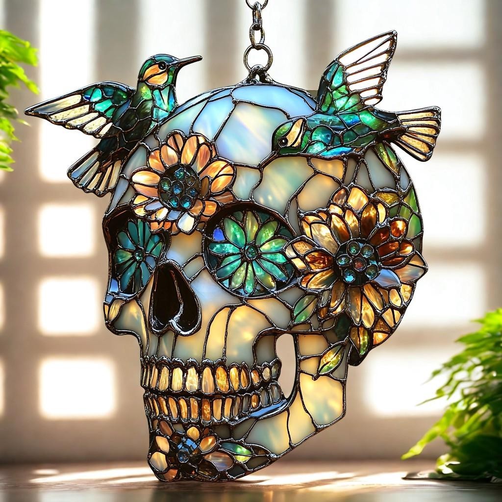 Hummingbird Skull Suncatcher: Gothic Floral Faux Acrylic Window