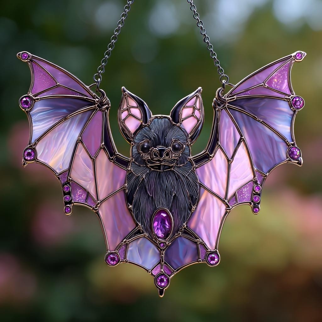 Purple Floral Bat Acrylic Suncatcher – Witchy Halloween Decor Gift