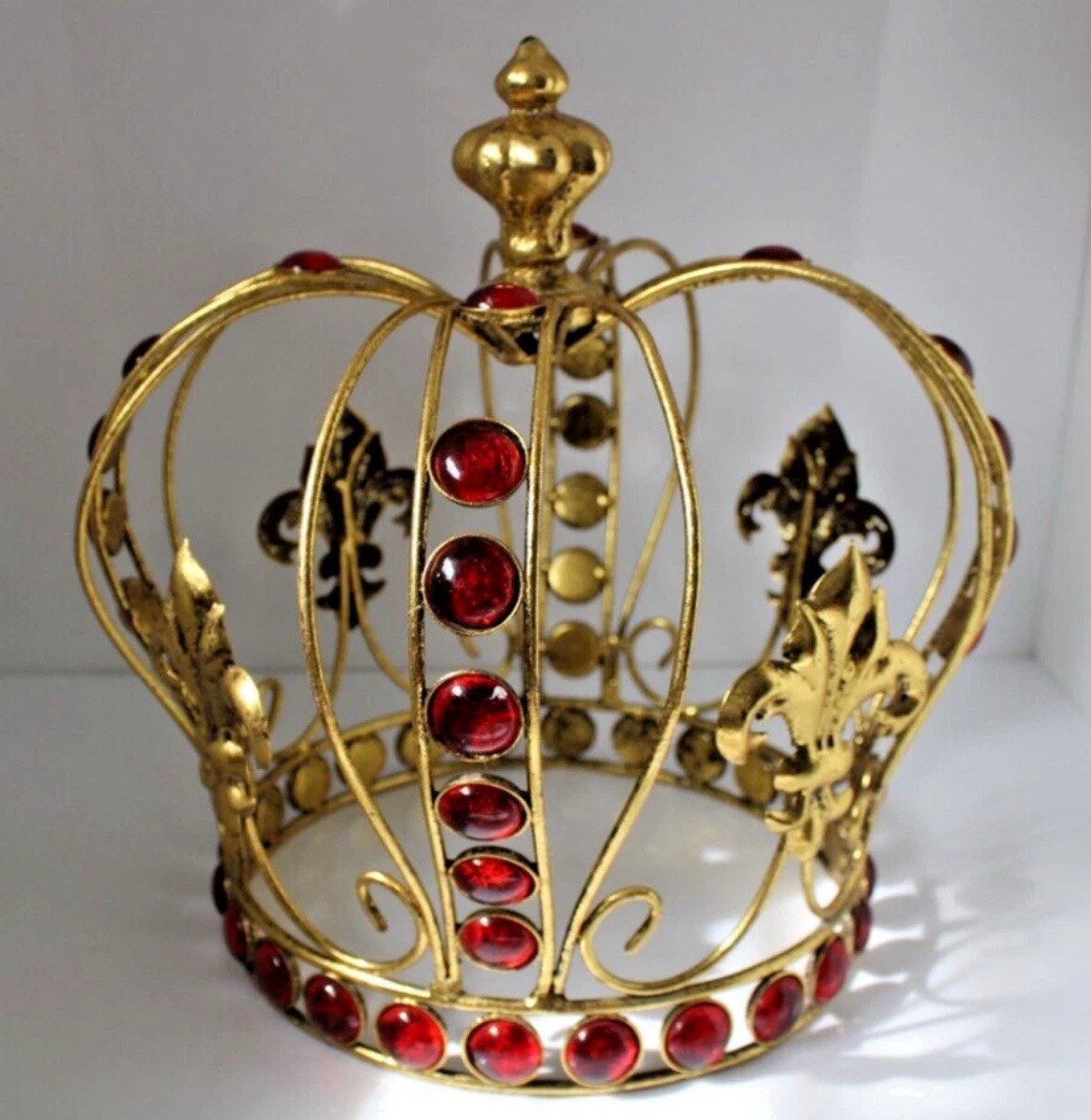 Gold Crown Fleur de Lis-52 Ruby Red Jewels Crown Decorative Metal