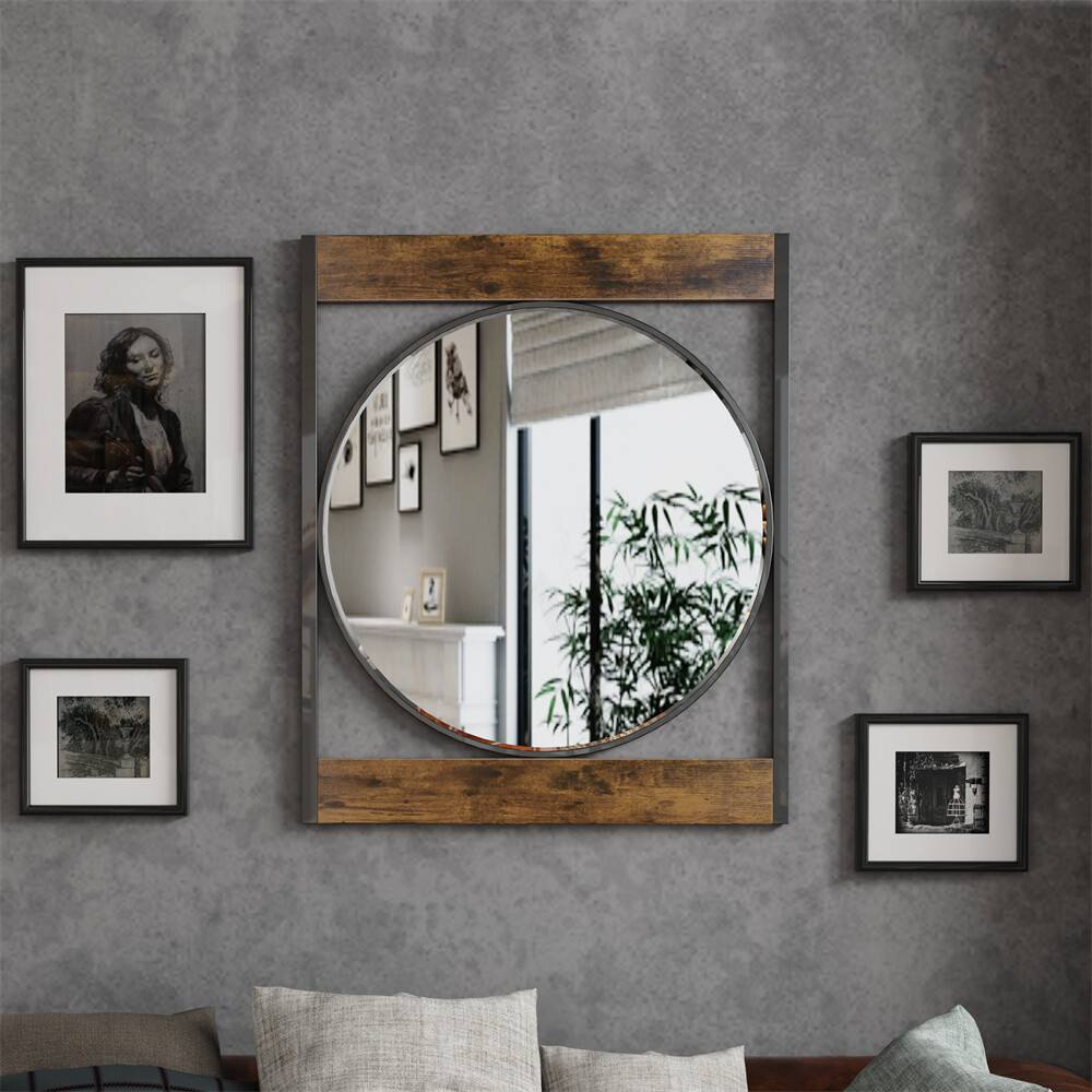 Industrial Hanging Metal Wall Mirror Round Rustic Modern Bathroom Home Art Decor