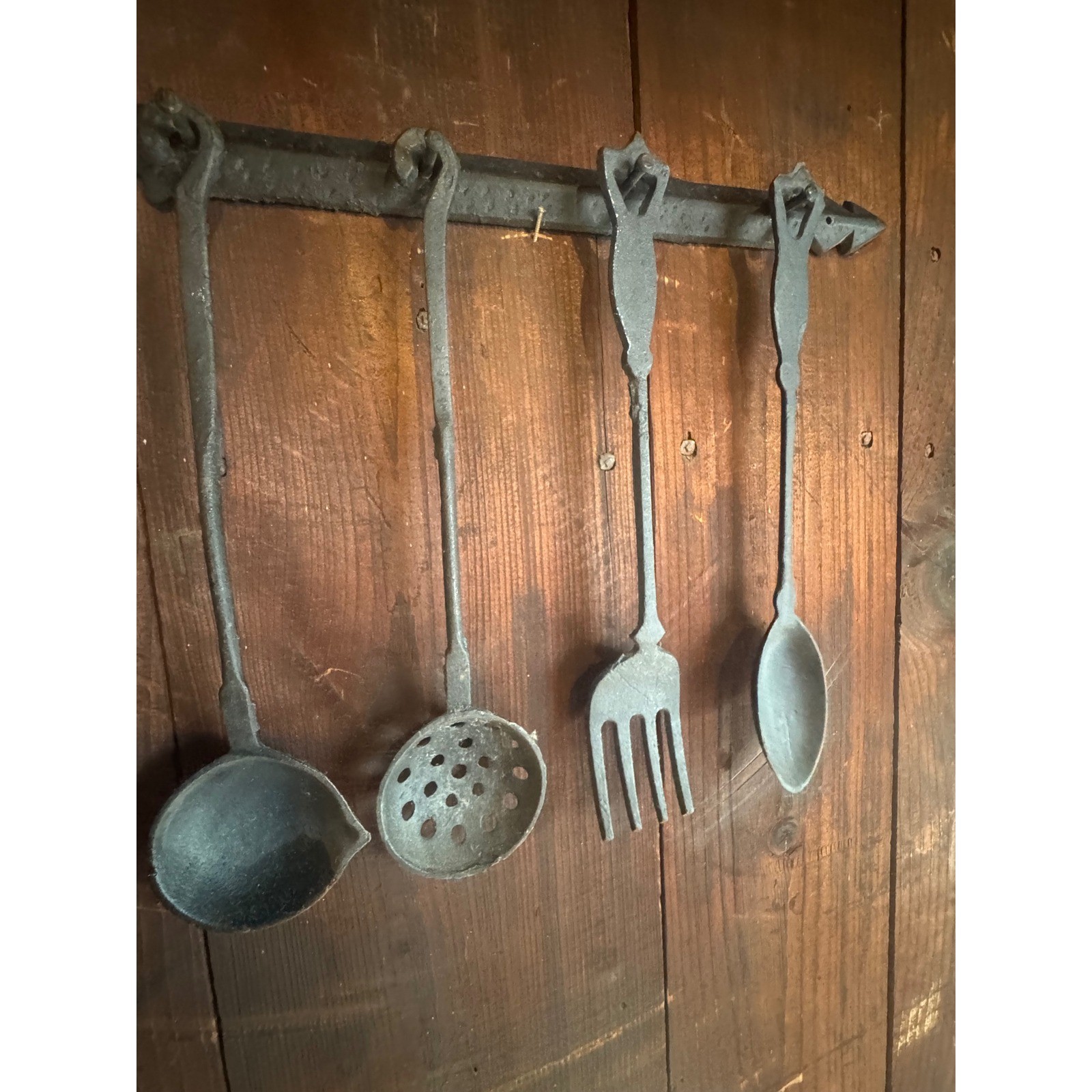 Vintage Hand Forged Wrought Iron Kitchen Utensil Set Wall Hanging Rack 5 Piece