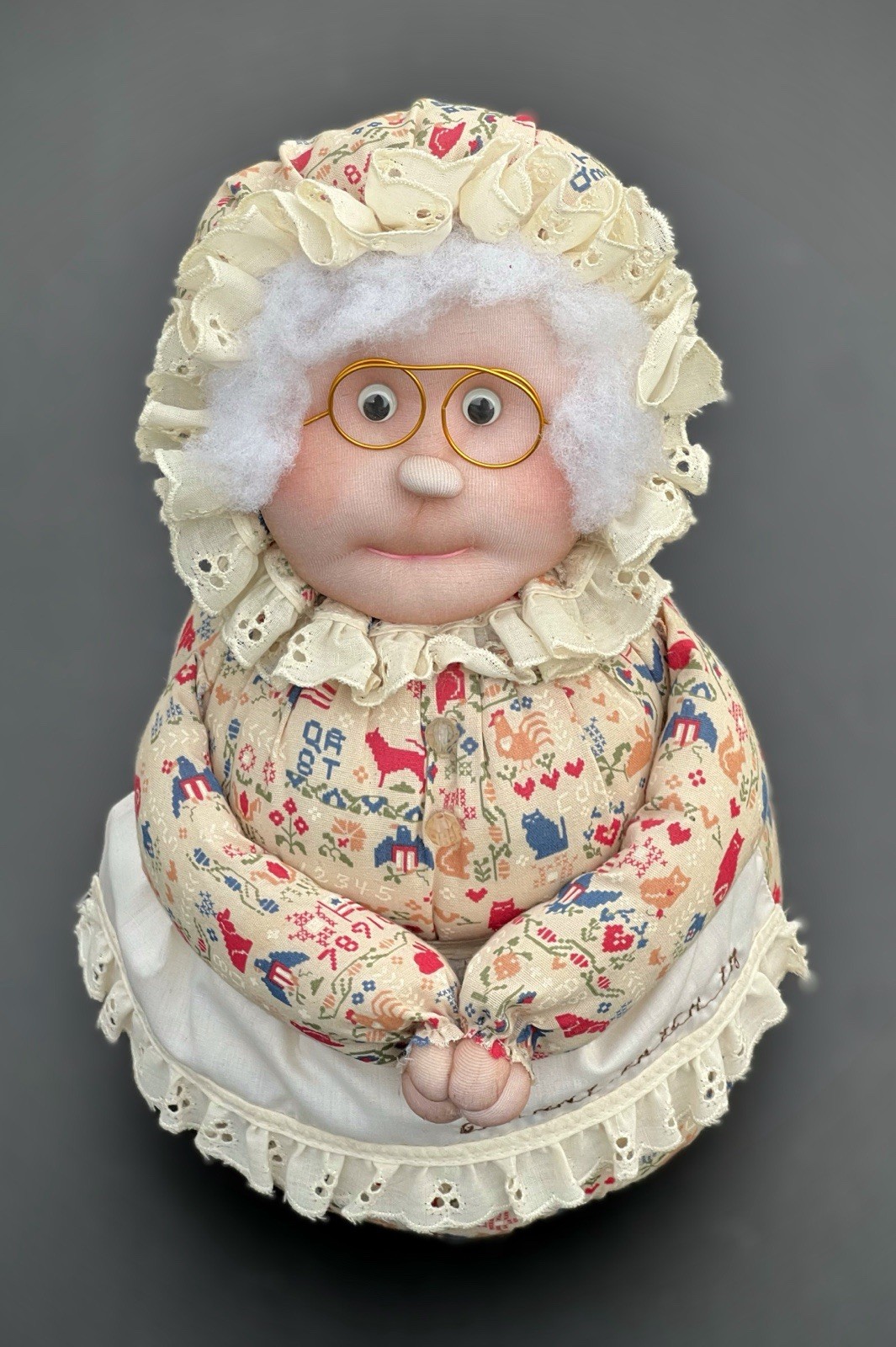 VTG Granny Patch Weighted Doorstop Handmade Doll Grannycore County Farm Cottage