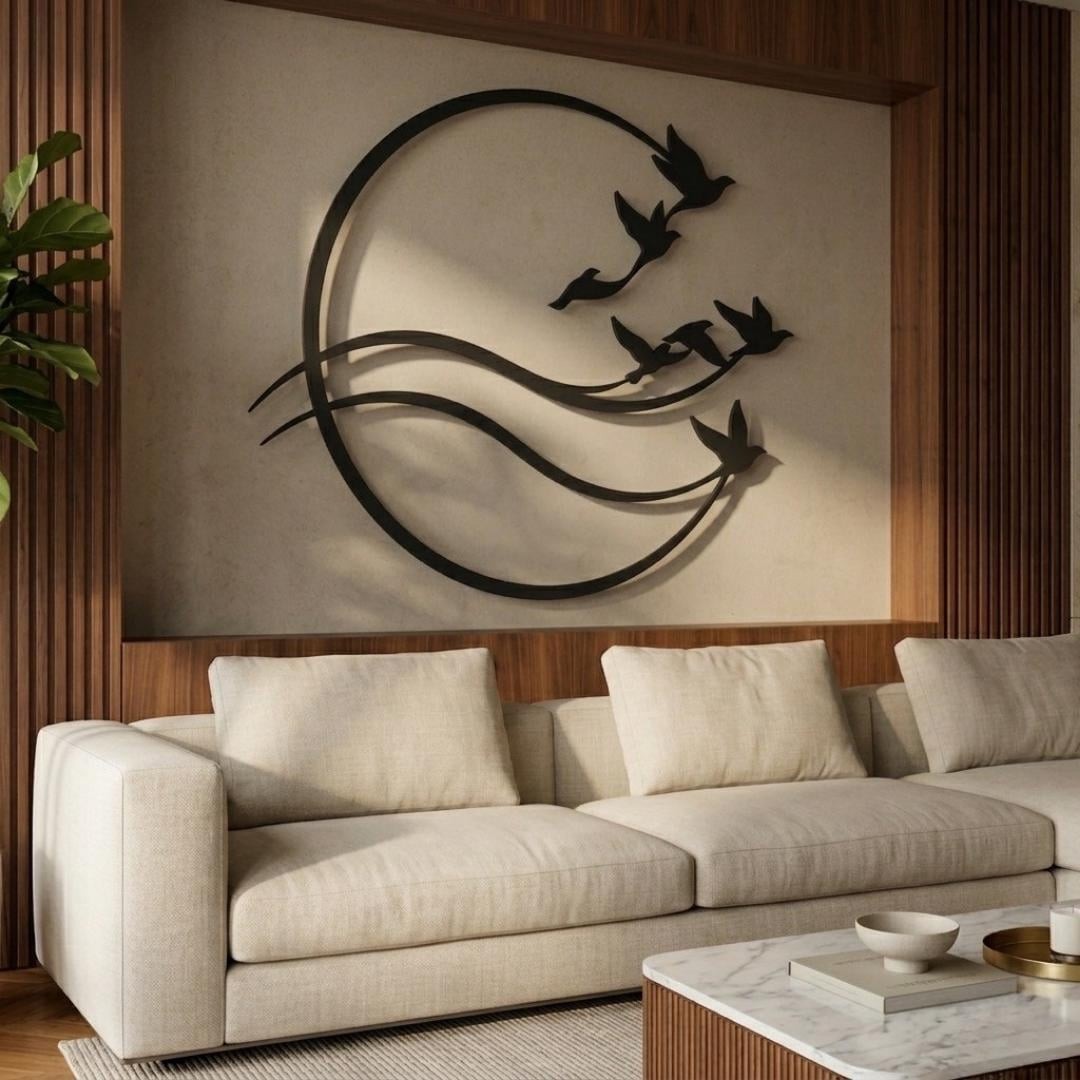 Metal Wall Art, Flying Birds Circle Decor, Minimal Nature Abstract Design