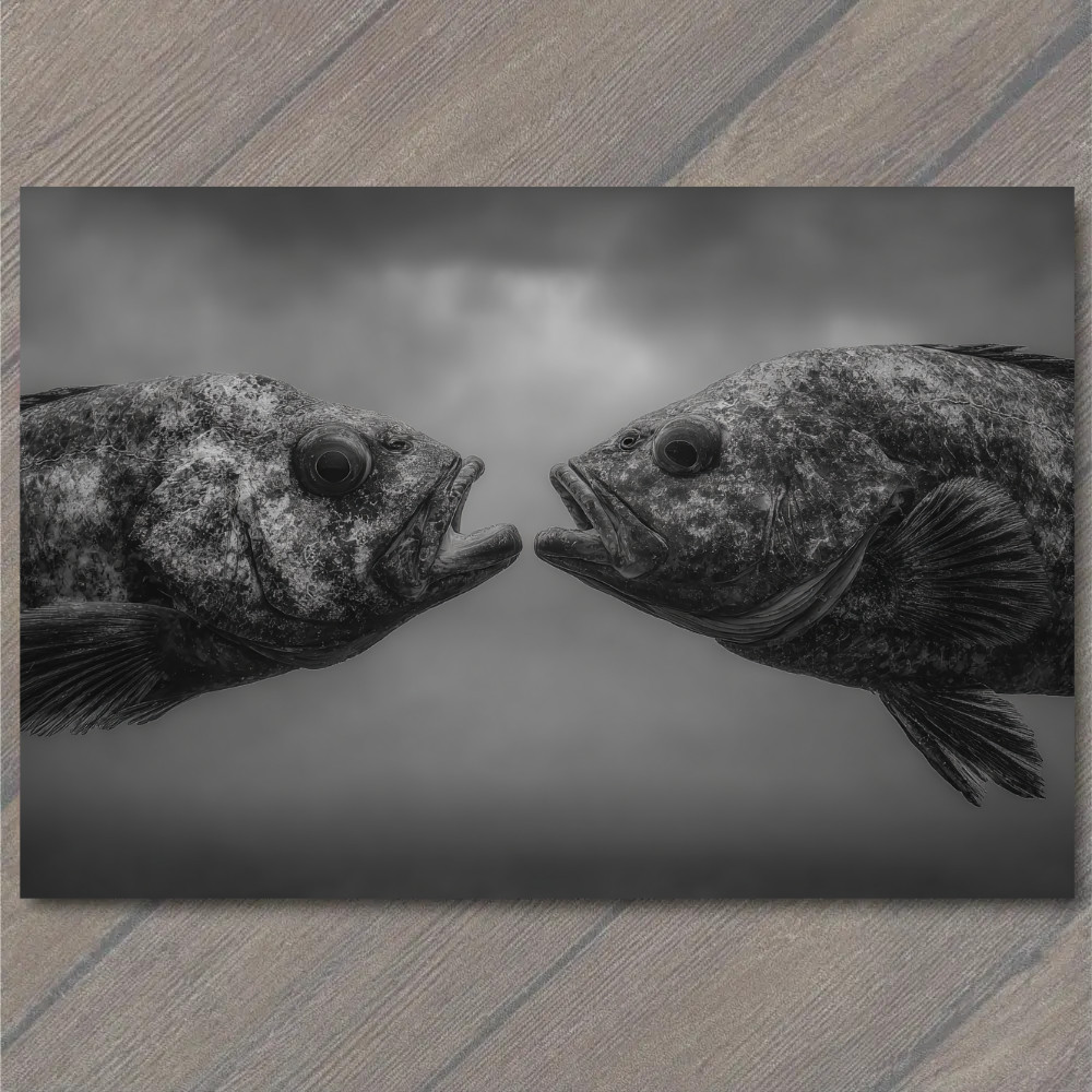 Art Print Two Fish Face Off Monochrome Symmetry Dramatic Surreal Aquatic Moment
