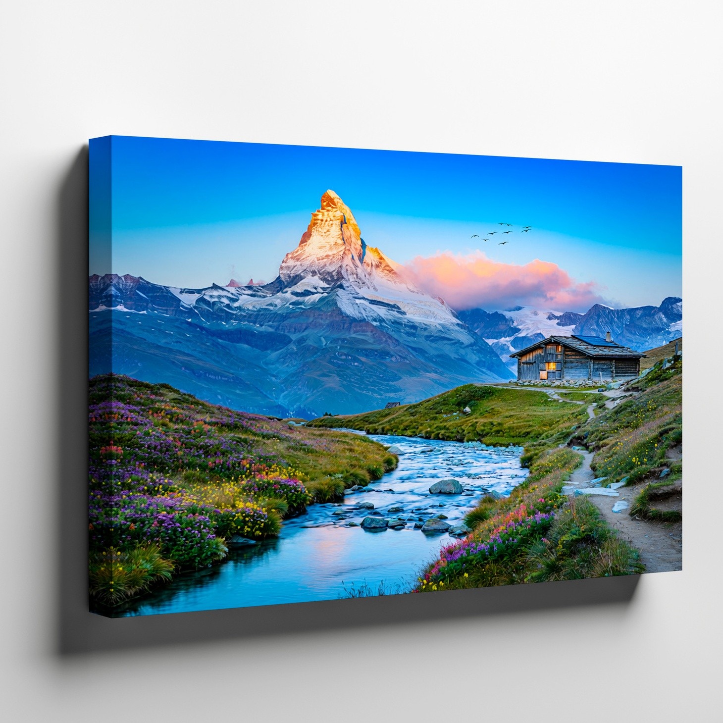 Mountain landscape canvas wall art with river stream and cabin nature print