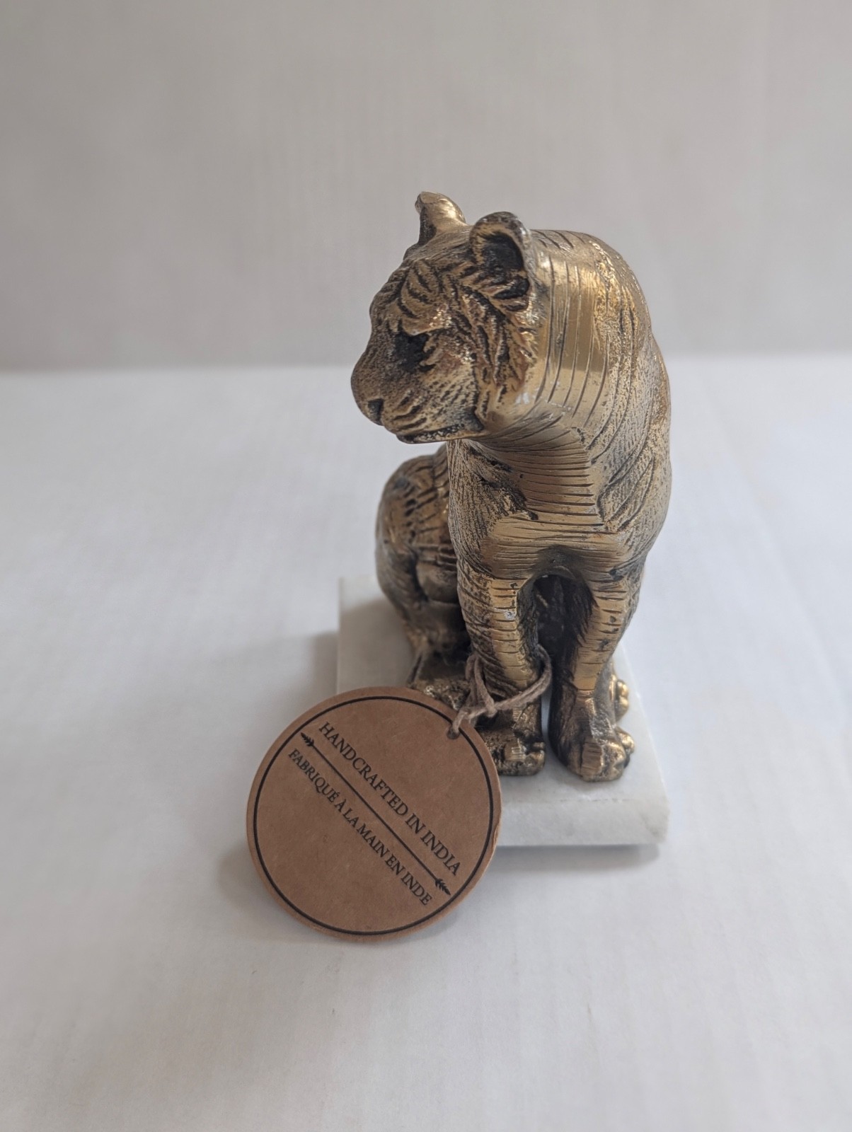 Handcrafted Brass-effect Tiger Figurine Sculpted Marble Base India Home Decor
