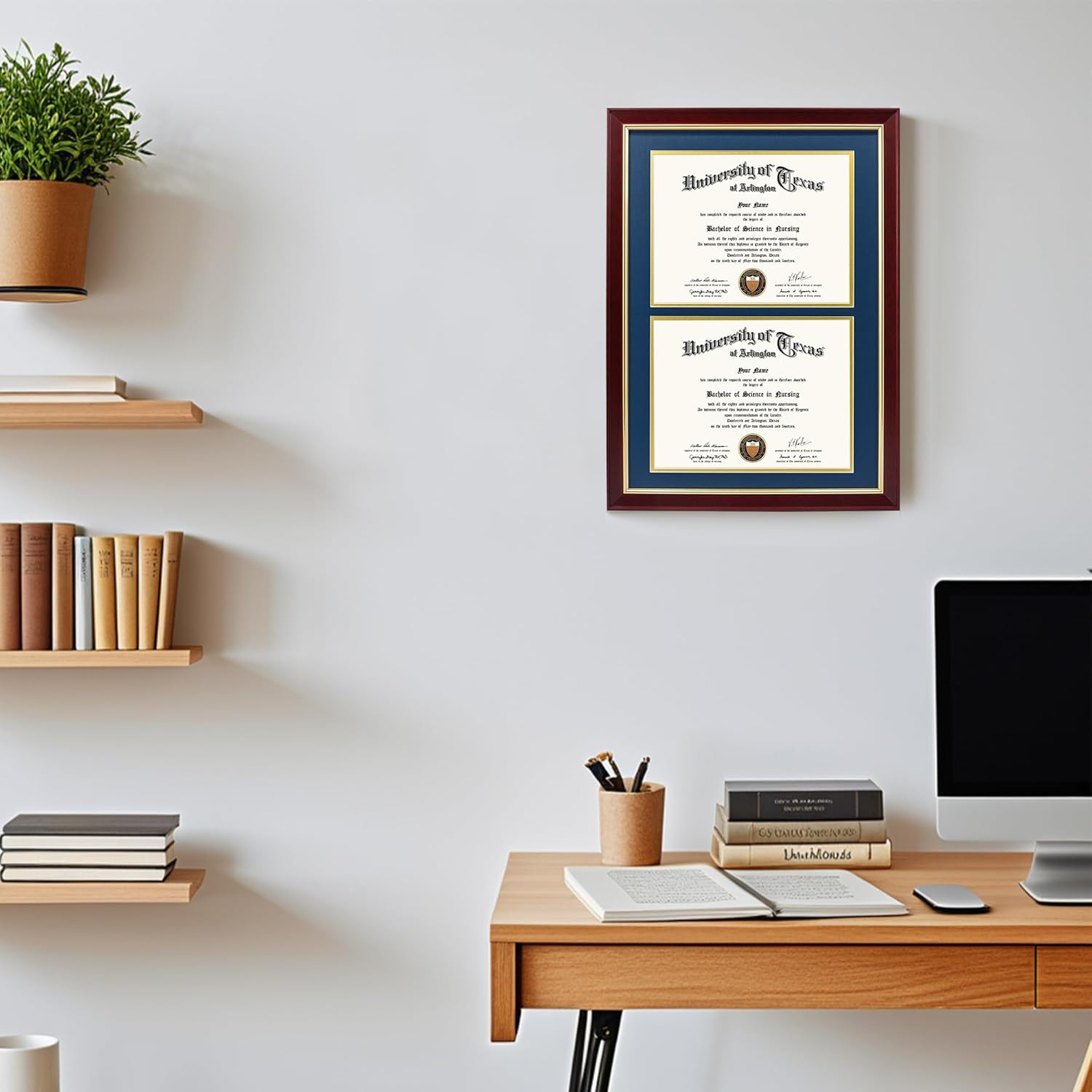 Elegant Double Diploma Frame for Two 8.5×11 Certificates, Navy & Gold Trim