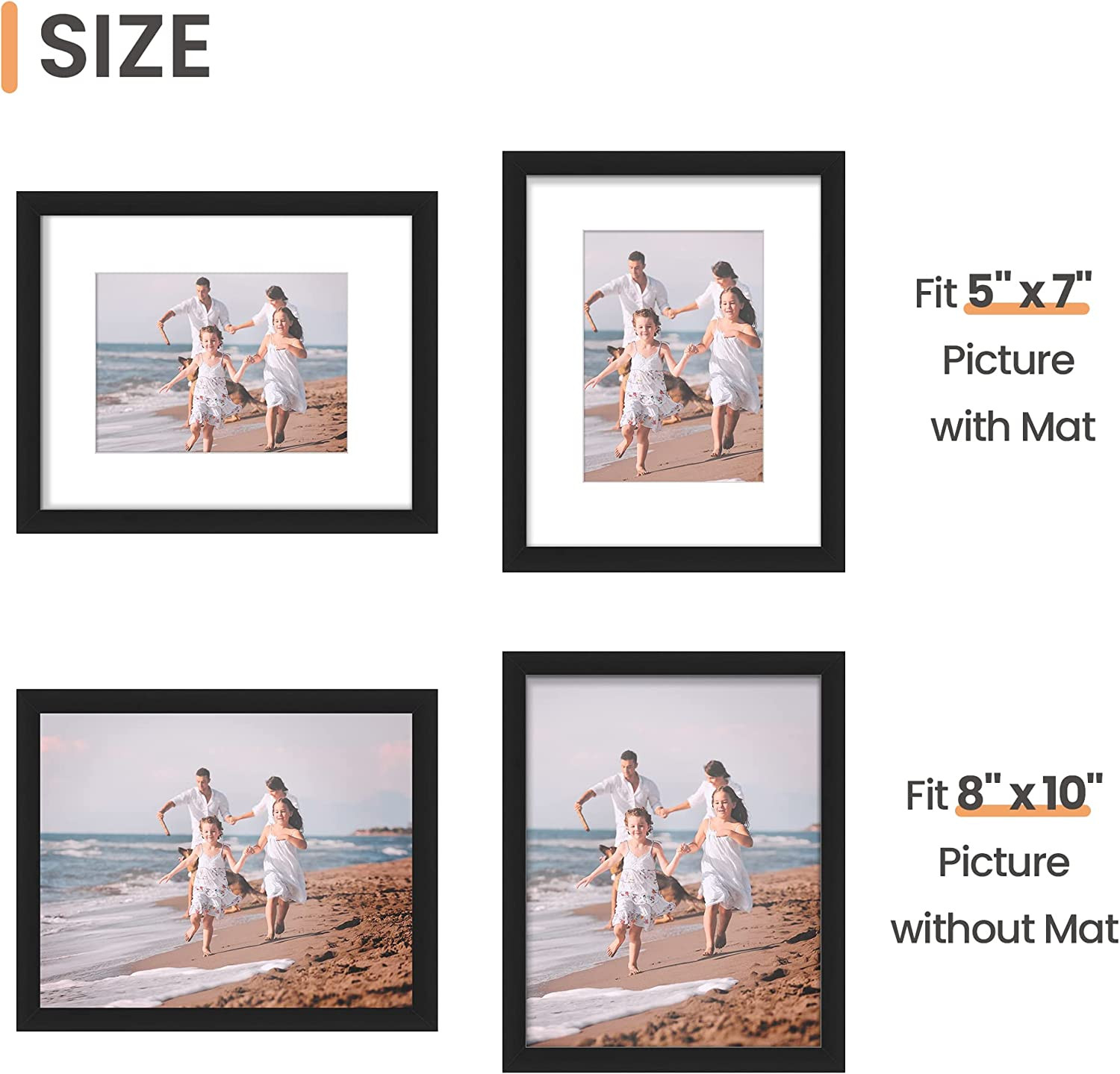 upsimples 8×10 Picture Frame Set of 5, Display Pictures 5×7 with Mat or 8×10 Wit