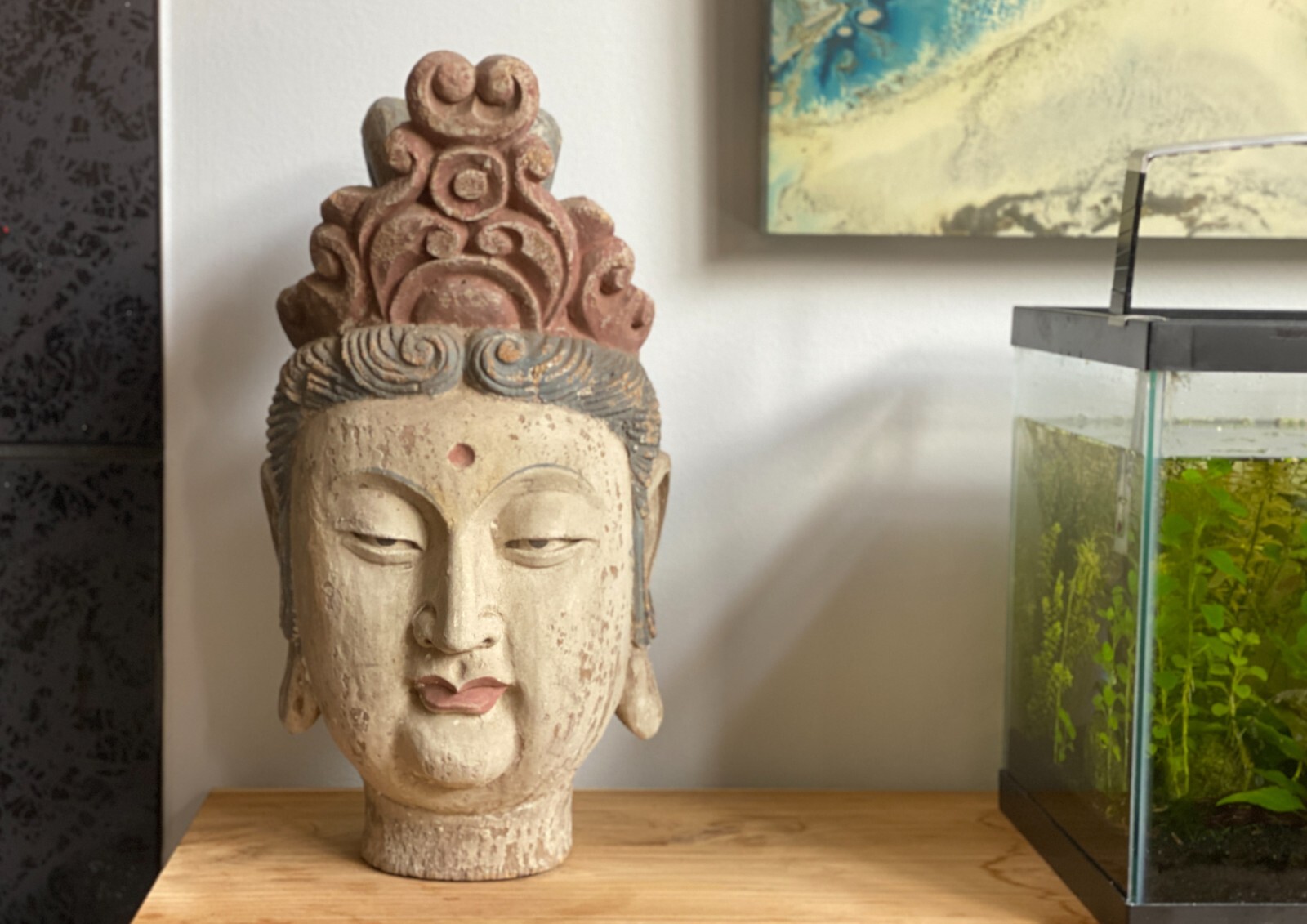 US Seller – Vintage Guanyin Head Chinese Goddess Wooden Sculpture