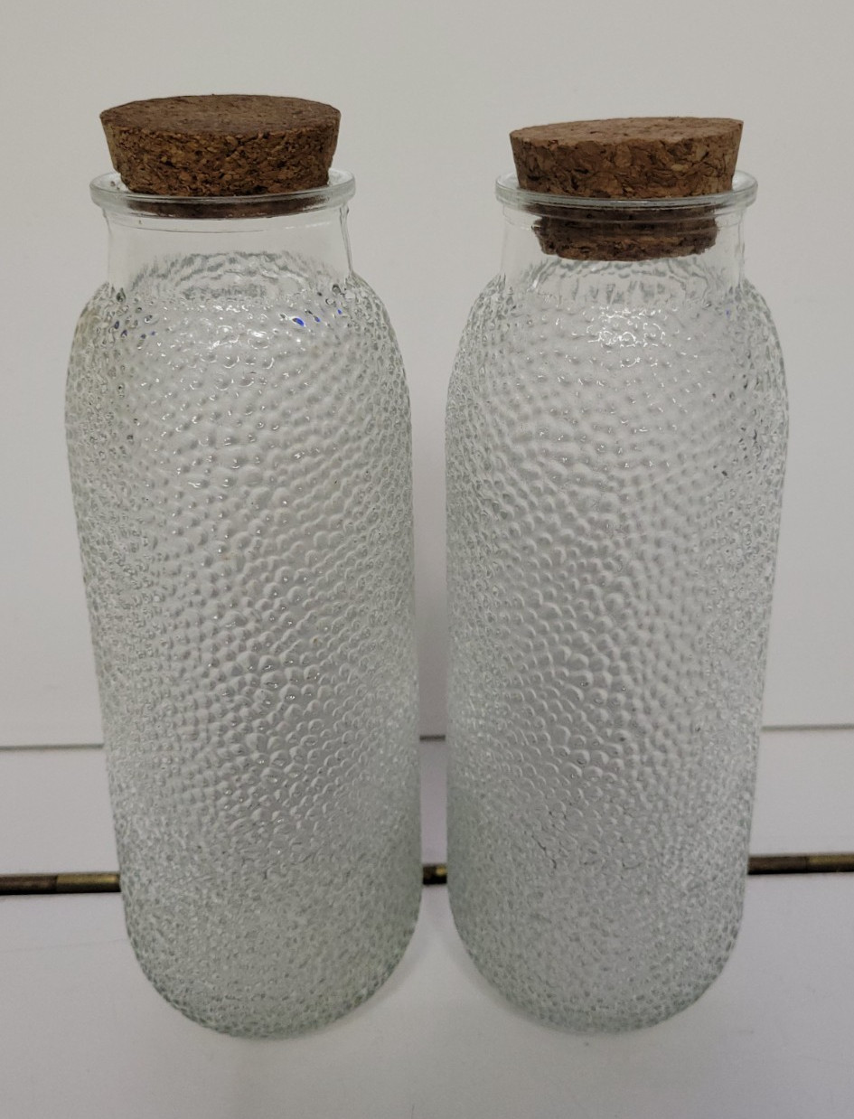 2 CLEAR GLASS ROUND CORKED BOTTLES APOTHECARY SCATTERED BUBBLES