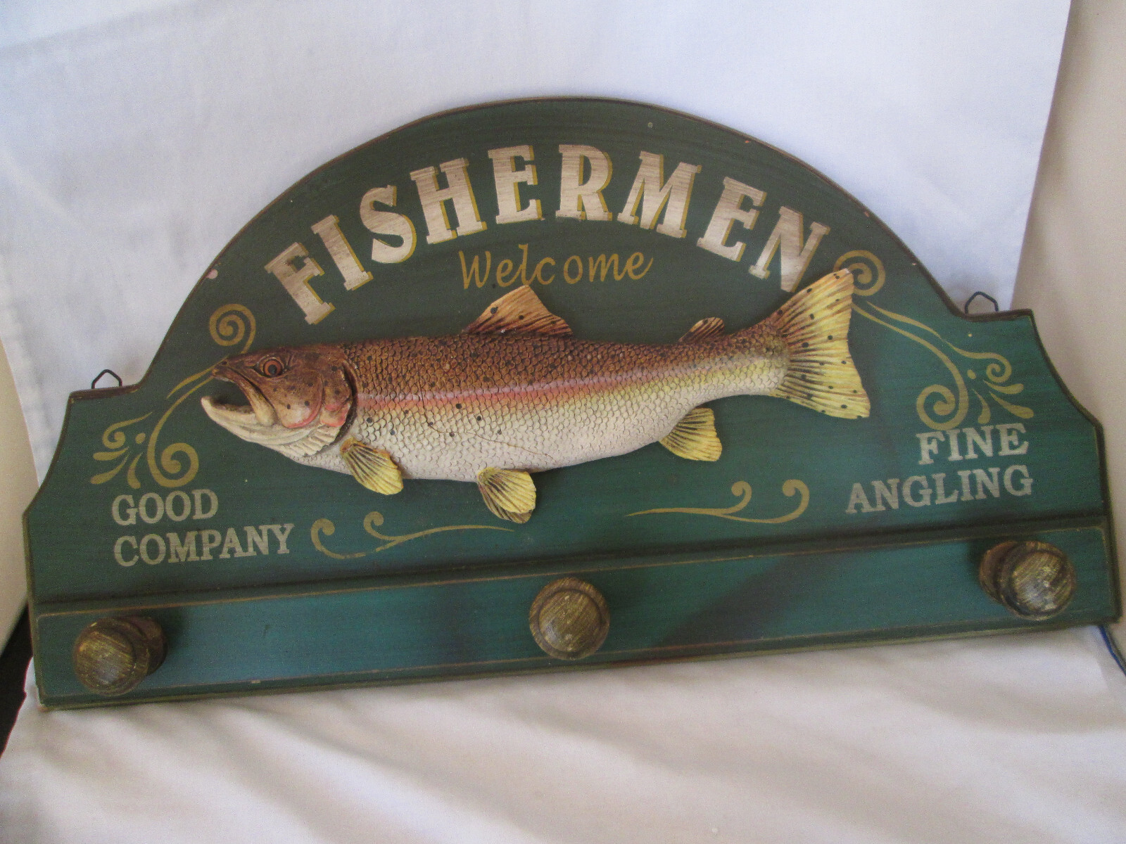 Fishermen Welcome Wood Sign With Hat & Coat Hooks 20&Prime; X 10&Prime; 3-D Rainbow Trout